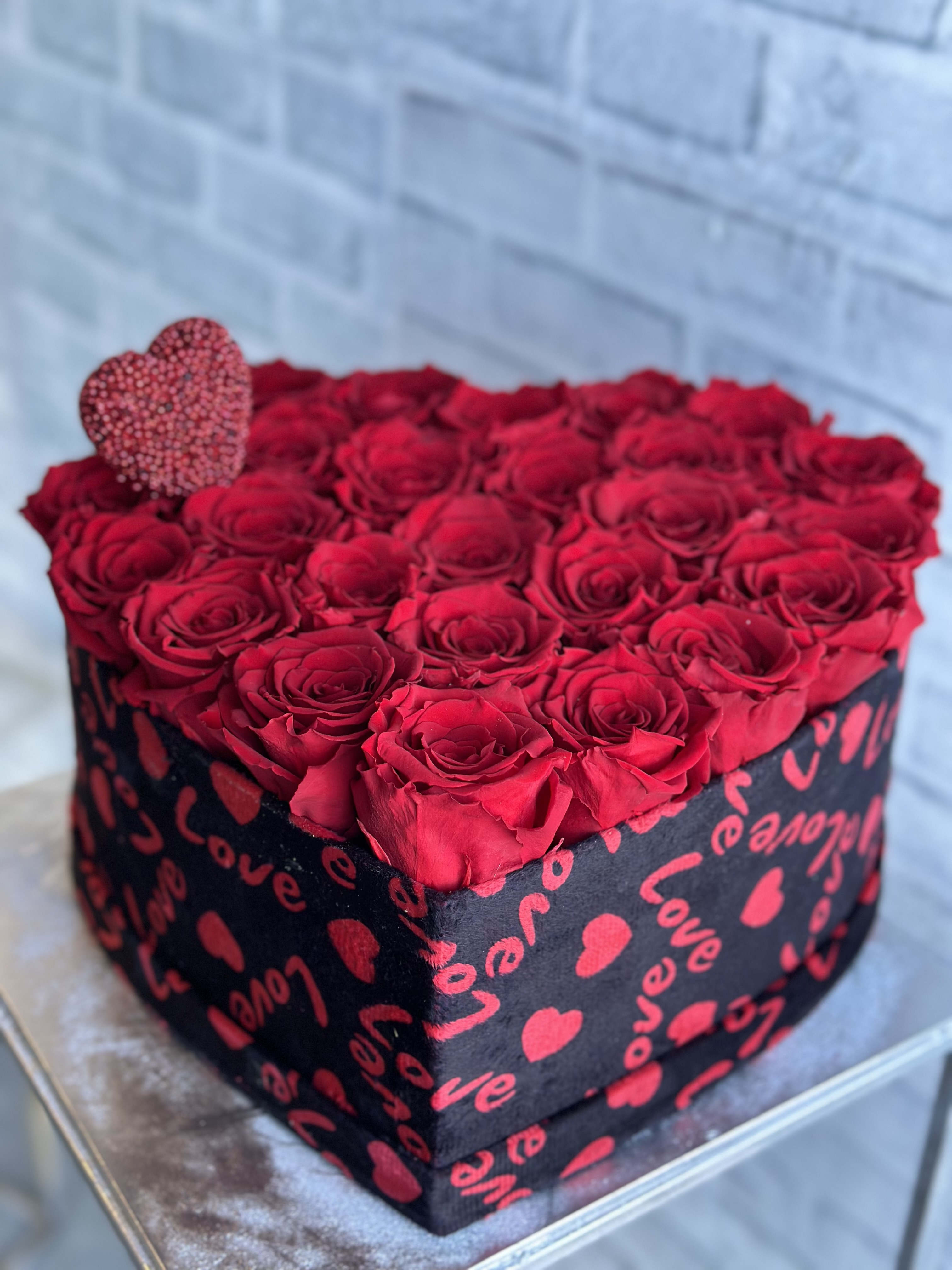 25 rose velvet heart box  - small beautiful velvet print heart box with approx 25 roses. 