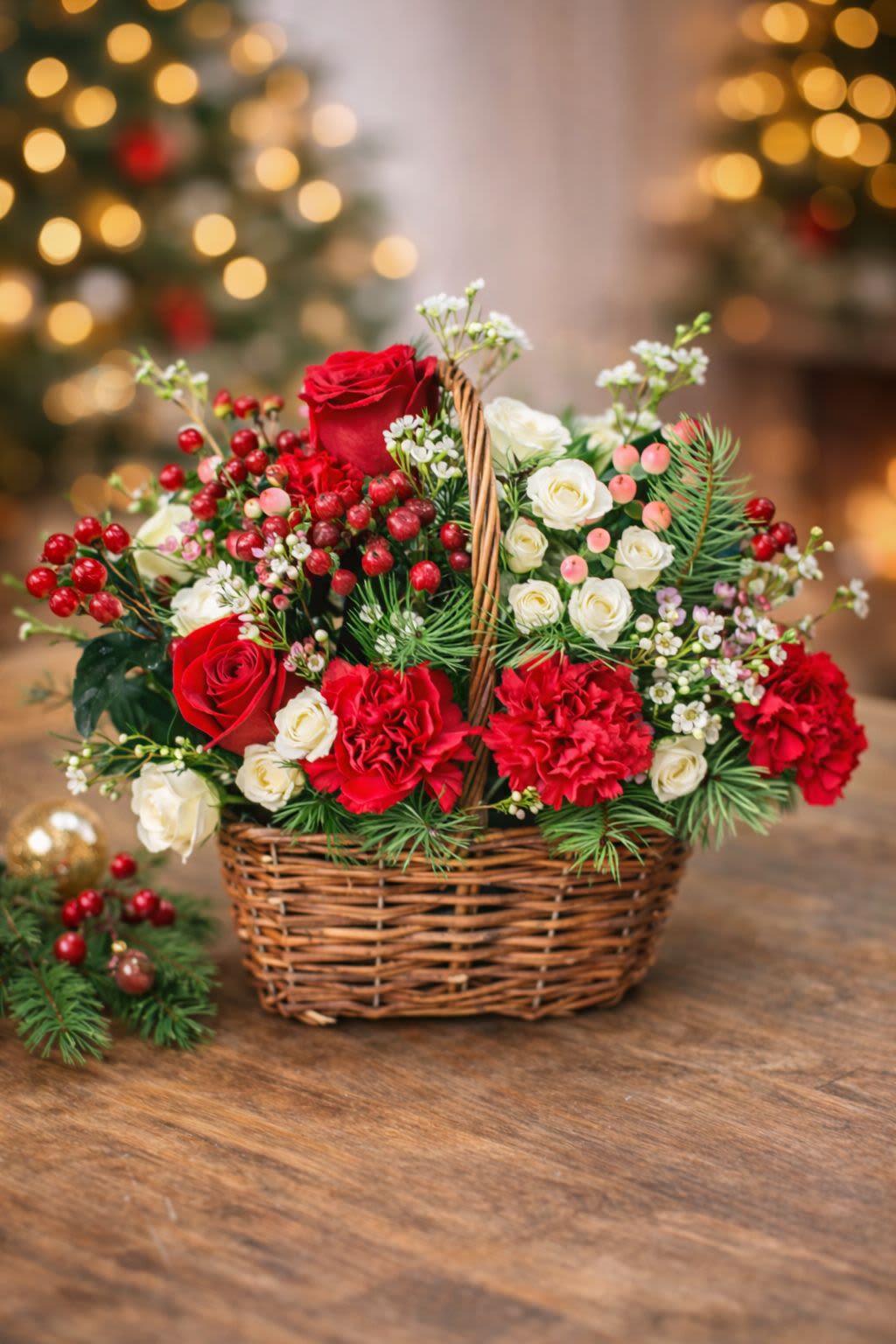 New Year Basket Arrangement - Our New Year Arrangement is a joyful celebration of Christmas colors and textures. Designed in a rustic woven basket, this festive piece includes vibrant red blooms, seasonal greenery, delicate white accents, and winter berries for a natural holiday look. The handcrafted style makes it ideal for gifting, welcoming guests, or brightening up any room with New Year spirit. A charming and cozy arrangement that feels both traditional and fresh.