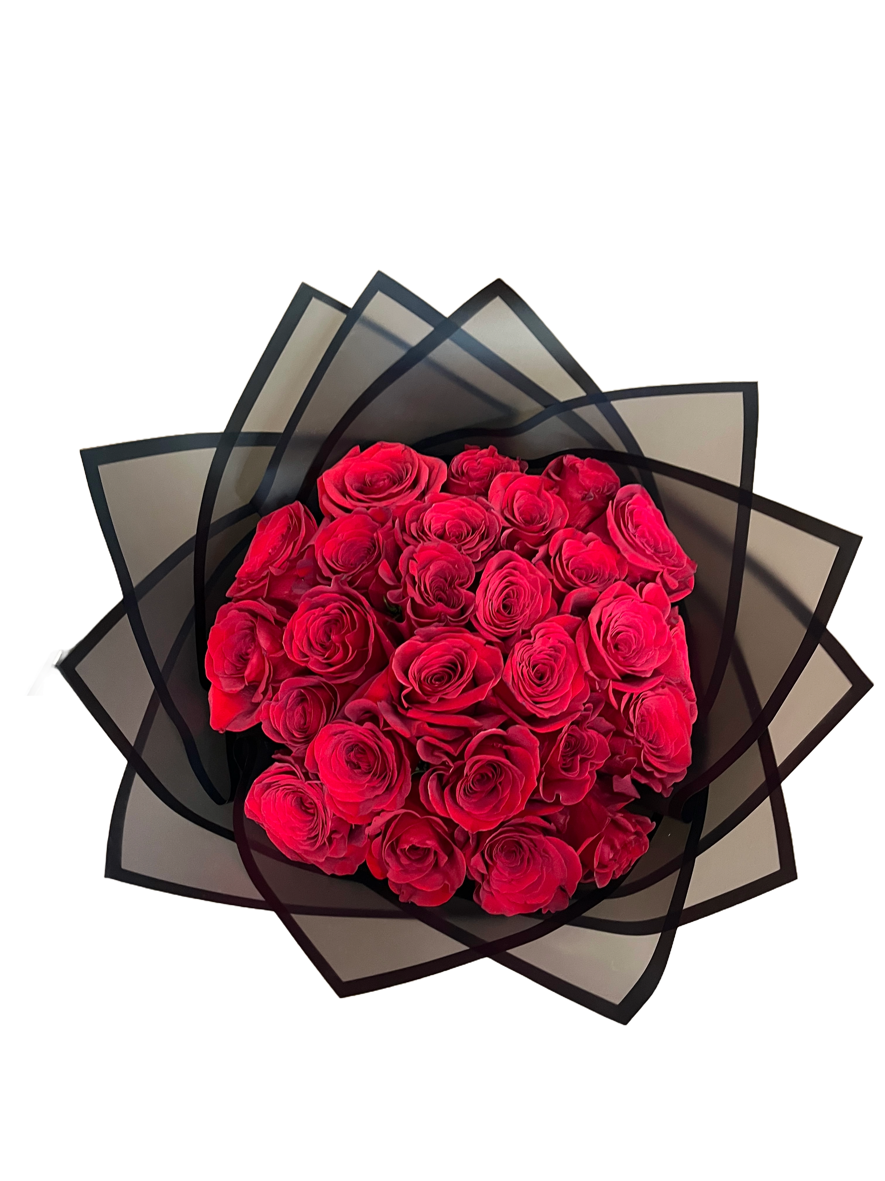 Black Velvet  - This is a stunning bouquet of deep red roses, beautifully arranged and wrapped in elegant black floral paper. The rich, velvety petals of the roses are meticulously arranged in a perfect circular shape, creating a luxurious and sophisticated look. The contrast of the vibrant red roses with the sleek, dark wrapping adds a touch of elegance and drama, making this bouquet a truly eye-catching and romantic gesture.