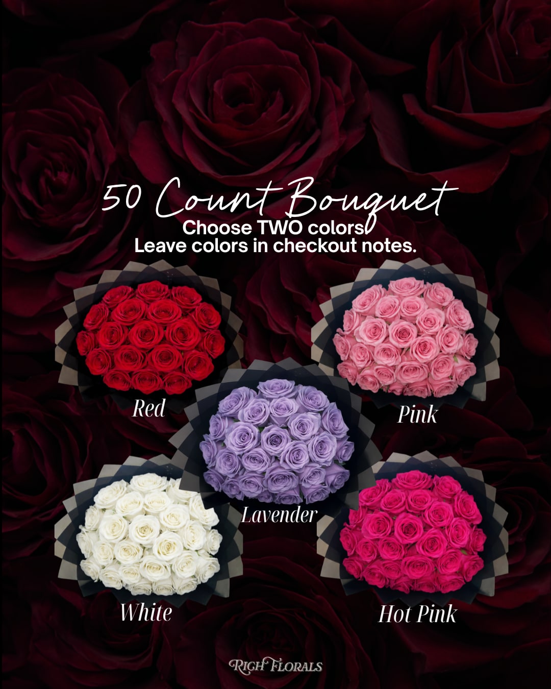 50 Count Bouquet (Choose TWO Colors) - Valentine's Day - Please put color choice in florist notes at checkout