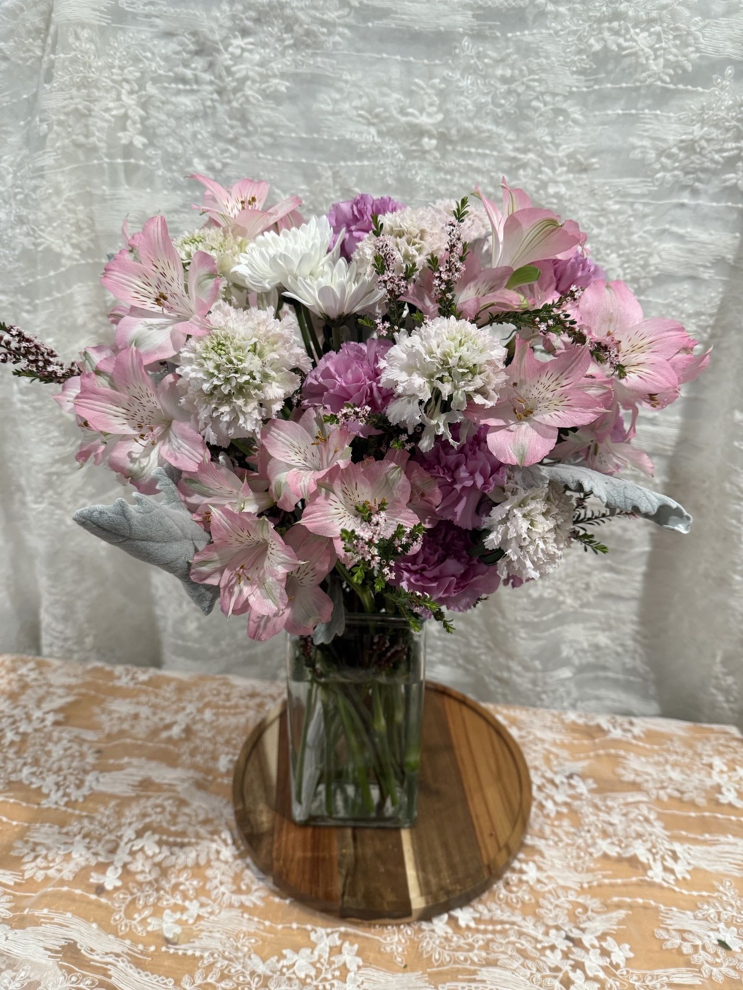 Mia Mia - Rose free arrangement  Scabiosa, Carnations, Alstroemeria, and Dusty Miller