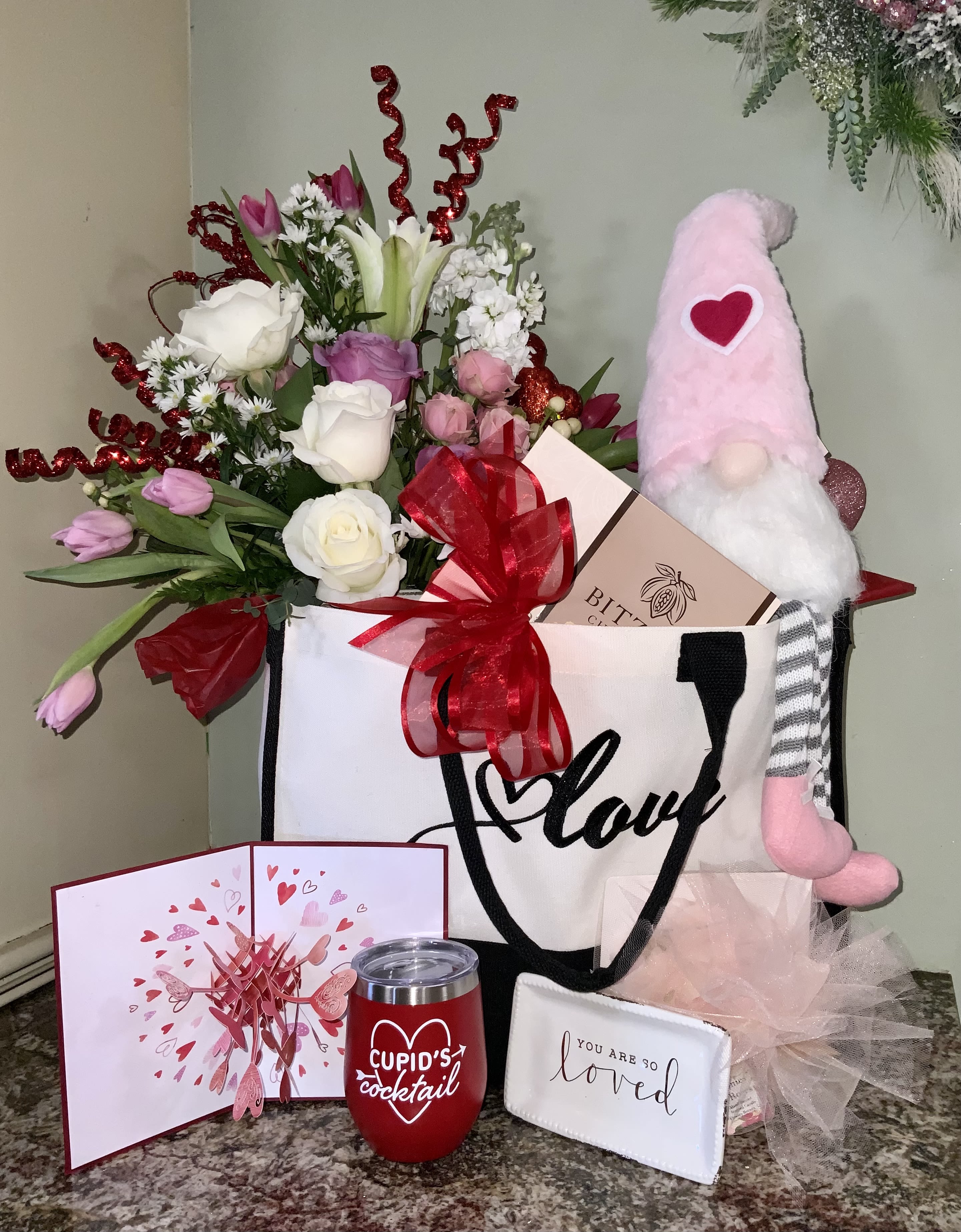 The Legacy Love Tote Bundle - The perfect gift that keeps on giving.  The Legacy Love Tote can be used all year long.  This bundle includes our custom Valentine Gnome Lovey, a gorgeous vase of Valentine's roses and flowers. a pop up card, "You are Loved" trinket tray and much more.