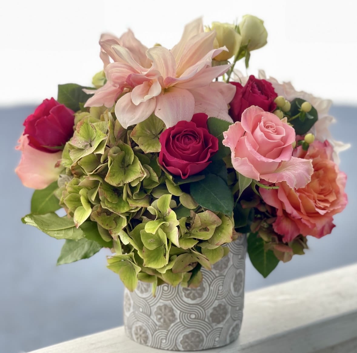 BECAUSE I CARE ABOUT YOU  - A very pretty, charming design that has gorgeous antique hydrangeas, amazing smelling garden roses and roses.  It’s the perfect jester for a reminder to that special someone in your life that you care about them…..