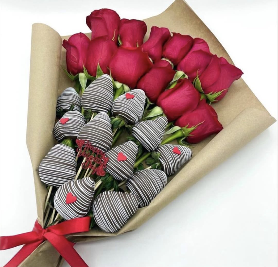 Roses &amp; Cacao - Experience the ultimate expression of love. This breathtaking arrangement brings together the timeless elegance of deep red roses and the gourmet indulgence of dark chocolate-covered strawberries. Featuring a mix of rich, cacao-dipped berries and fresh, succulent strawberries at their natural peak, all nestled in a vibrant crimson base. It is a masterpiece of scent, sight, and taste