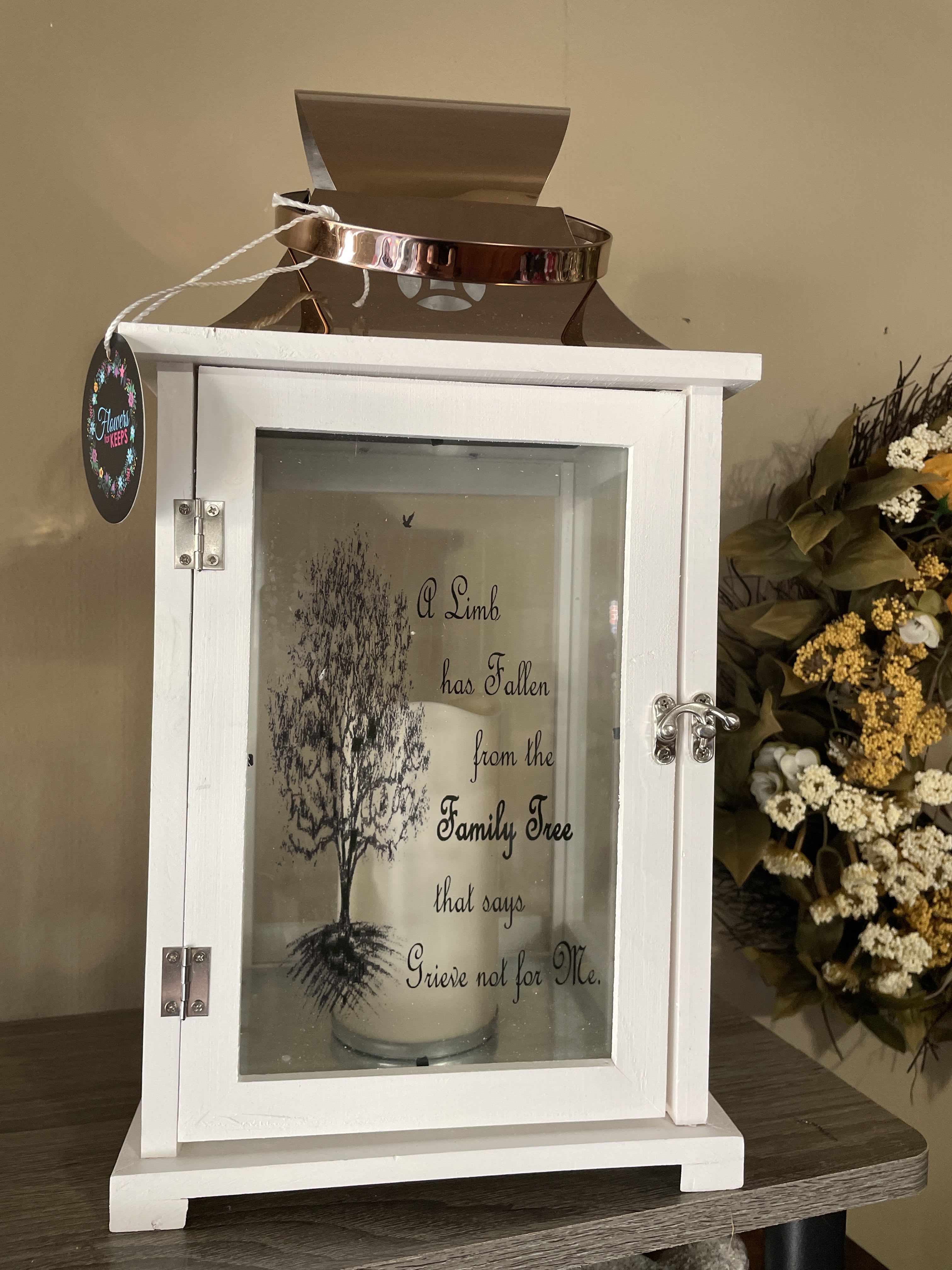 A Broken Limb Large Lantern - Our Memorial Lanterns are made from quality composite wood and a bronze finish top. Meant for indoor use.  LARGE LANTERN Approx: H: 17.5" W: 5.125"
