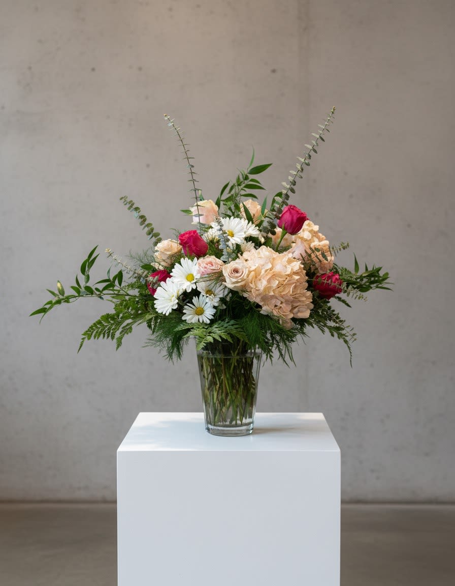 LOVE on Cloud Nine  - Delicate, airy, and full of charm, this arrangement blends romantic roses, cheerful daisies, and lush hydrangea. Accented by cool-toned blue eucalyptus. Designed in a harmonious mix of soft pinks, creamy whites, and eucalyptus blue, this bouquet feels fresh, joyful, and effortlessly elegant. The combination of textures and gentle color creates a light, garden-inspired look that’s perfect for Valentine’s Day or any moment that calls for love, beauty, and warmth.