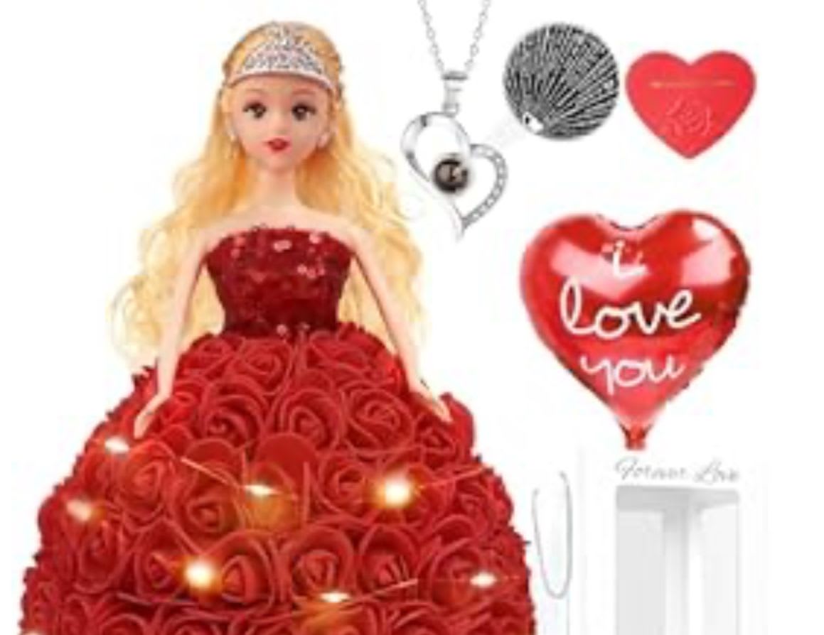 Faux Rose Princess Doll - Red - Princess doll for your little princess.   Show your affection with this unique gift set featuring an Artificial Rose Princess. This thoughtful combination of roses and a cute doll makes it the perfect expression of love on occasions like Valentine's Day and birthdays This gift is sure to leave a lasting impression and bring a smile to her face. Includes a crown, balloon, fairy lights, and necklace for your loved one. 
