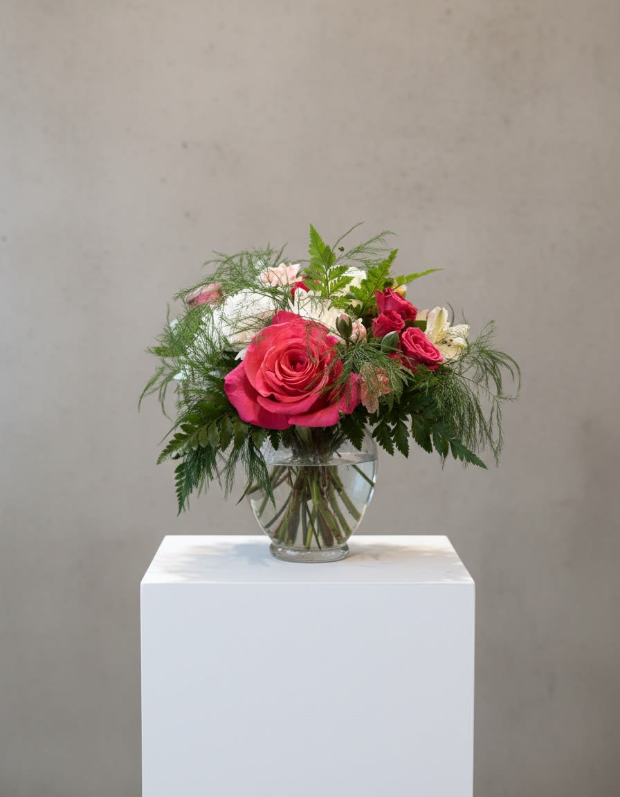 Hot &amp; Sweet  - Vibrant and full of contrast, this eye-catching arrangement features hot pink roses paired with classic white roses, creating a bold yet elegant statement. Soft white alstroemeria and crisp white cushion mums add texture and balance, giving the design a fresh, uplifting feel. The blend of bright pinks and clean whites makes this arrangement perfect for celebrating love, admiration, and joyful moments—an ideal choice for Valentine’s Day or anytime you want to make a cheerful, heartfelt impression.