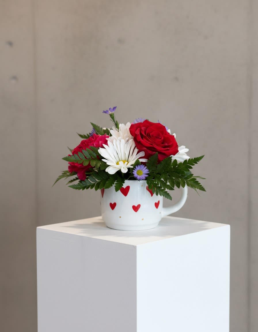 Love Mug - Charming and full of heartfelt beauty, the Love Mug Arrangement features a lovely mix of one romantic rose, cheerful carnations, playful daisies, and delicate asters. Designed in a keepsake mug, this compact arrangement is perfect for spreading smiles and warm feelings. Soft textures and Valentine’s color accents come together in a cozy, giftable design that’s ideal for desks, kitchen counters, or bedside tables. A thoughtful way to say I love you, thinking of you, or you make my heart happy.