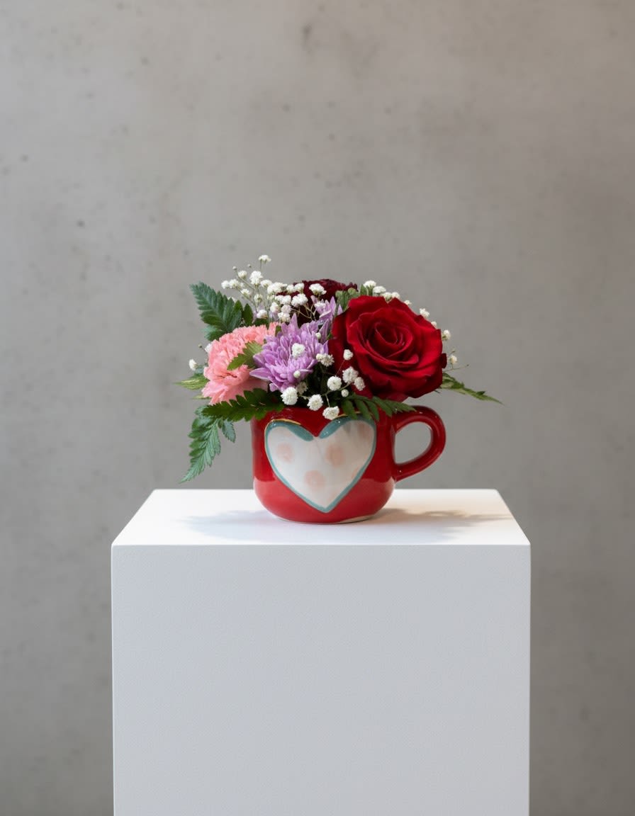 Kisses Mug  - Sweet, playful, and full of charm, the Kisses Mug Arrangement is a delightful way to send love. Featuring a romantic rose, cheerful carnations, bright daisies, and delicate asters, this compact design is arranged in a keepsake mug that’s perfect for Valentine’s Day. Bursting with color and texture, it’s a fun, heartfelt gift that delivers little kisses of love with every glance—perfect for desks, kitchens, or bedside smiles.