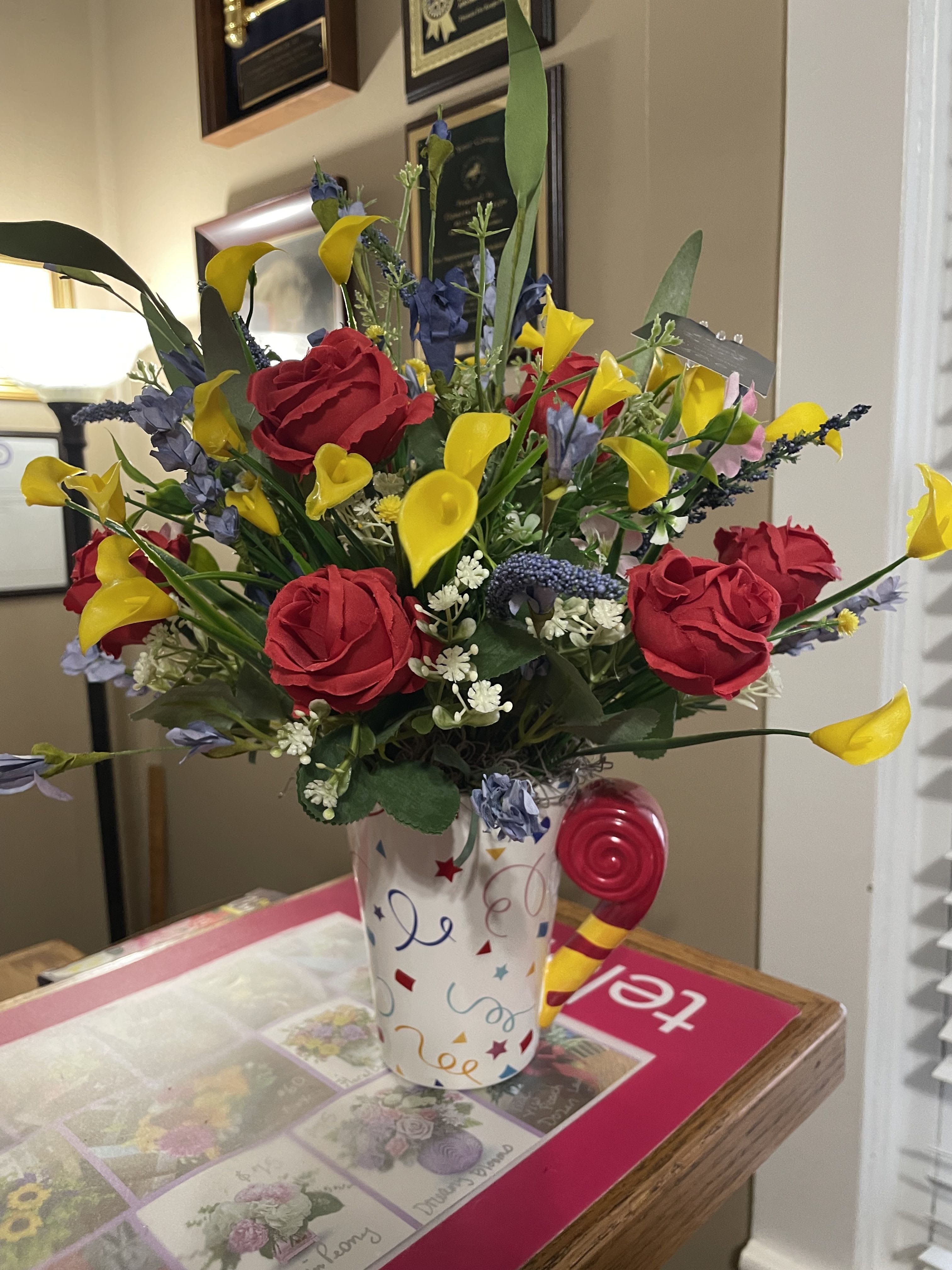 Silk Birthday Fun  Mug - Bring some Happy to your birthday .  Pretty silk Fun flowers arranged in a birthday mug.