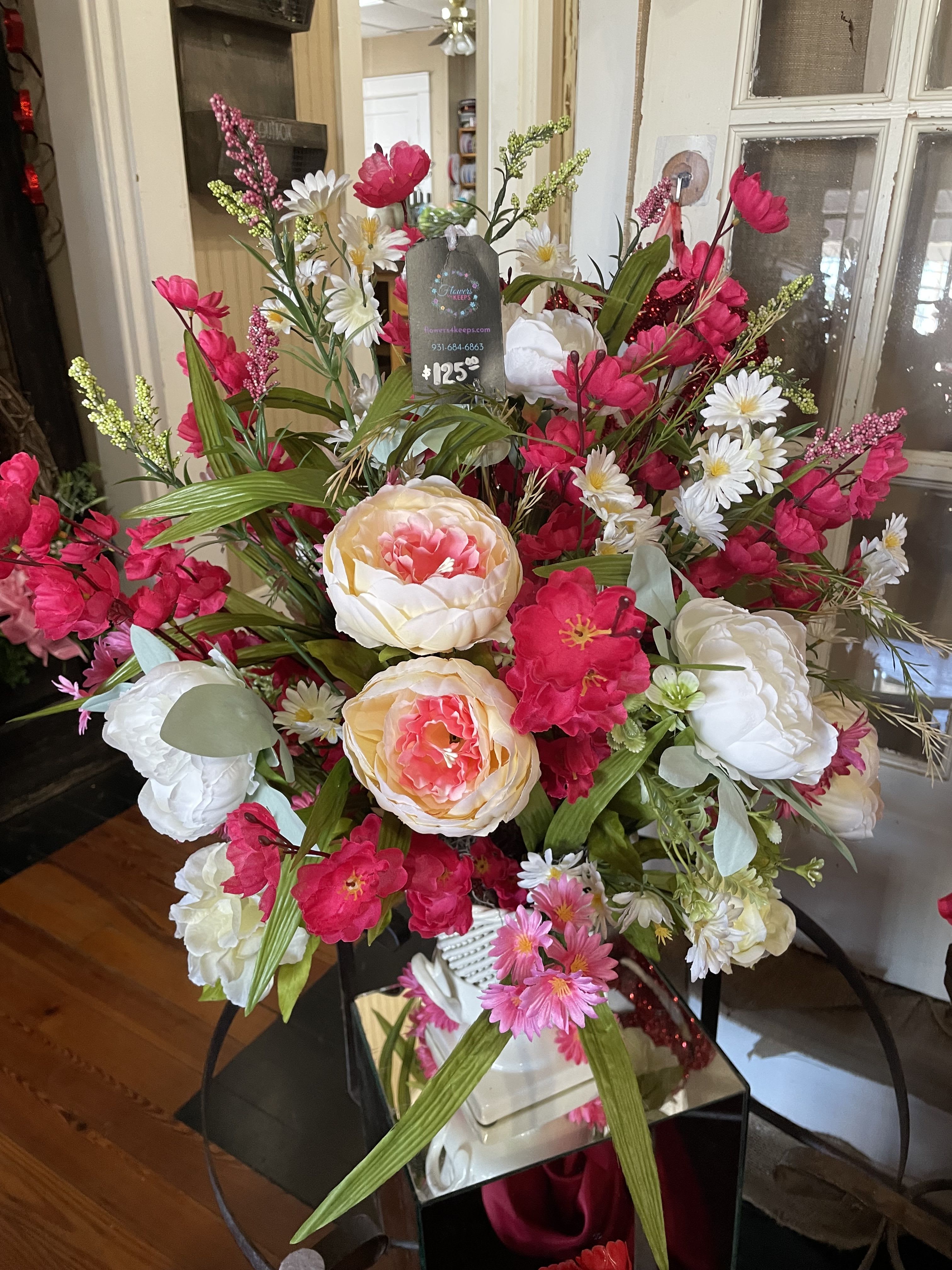Popping Pink SILK Urn - A large centerpiece made to be the center of attention.   A long lasting gift. Made with silk flowers in a white ceramic urn