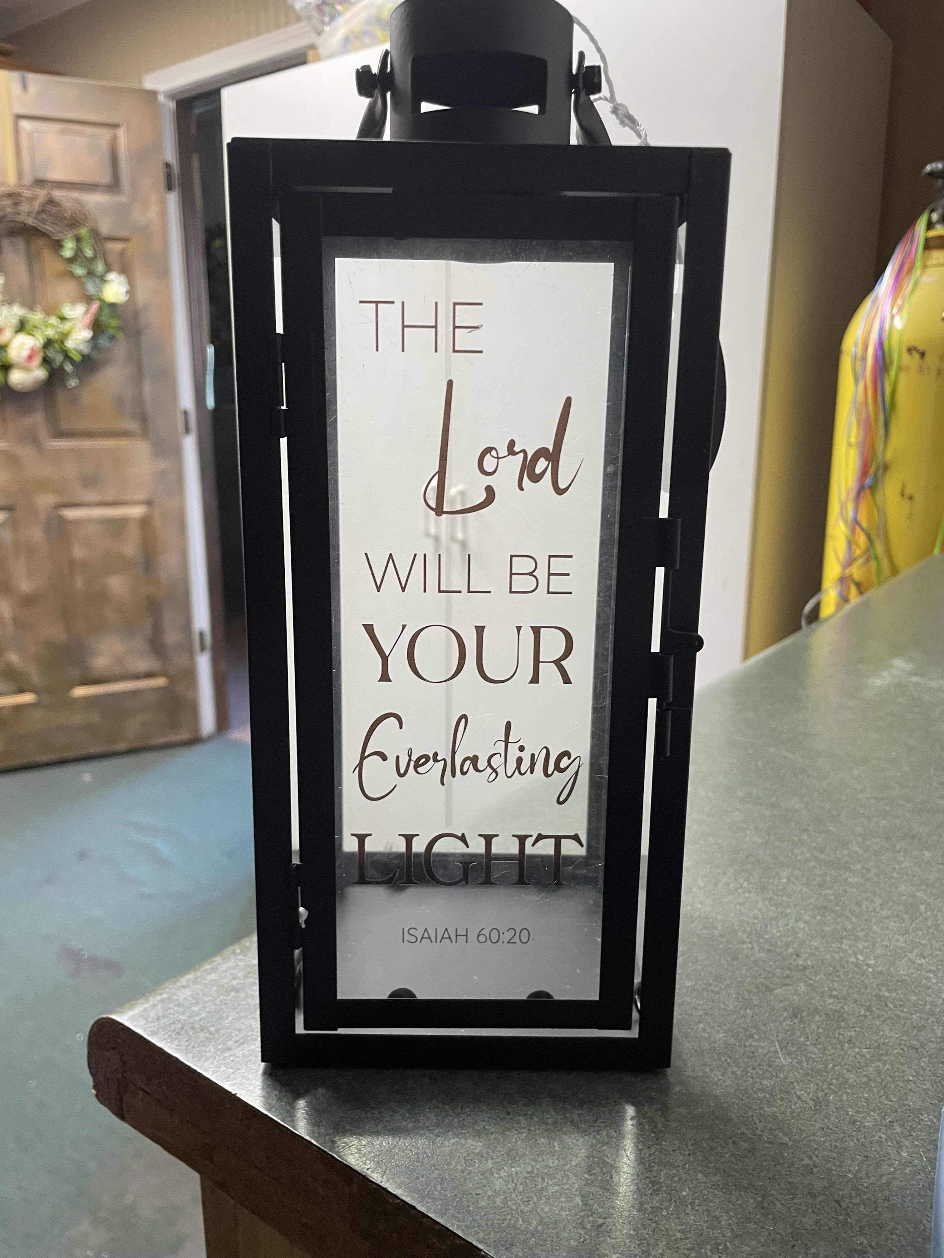 Everlasting Light Black Decor Lantern - Black Metal and Glass Decor Lantern- The Lord will be your everlasting light. LED candle and ribbons will be added. 
