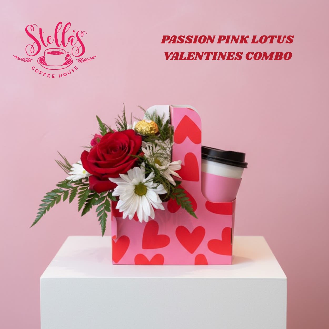 Passion Pink Lotus Flower &amp; Beverage Combo - Stella' Coffee House  - PASSION PINK LOTUS: Pink Lotus with Passionfruit, Pomegranate, Strawberry, and Edible Glitter  Nothing says love like flowers and coffee. This special combo pairs a beautiful floral arrangement with a delicious drink from Stellas Coffee House, creating the perfect pick-me-up for Valentine’s Day. Whether it’s delivered to yourself, a friend, or the one who means everything, this thoughtful pairing is designed to bring comfort, joy, and a little extra love to their day. Perfect for spreading smiles, celebrating connections, or treating someone (including you!) to a moment of warmth and happiness—because love is better with flowers in one hand and coffee in the other.  *ADD WHIP in the ORDER NOTES