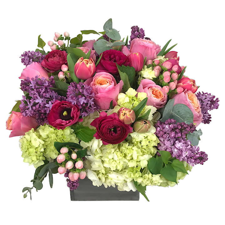 Bright Petals - seasonal bright petals arranged in wood box vase