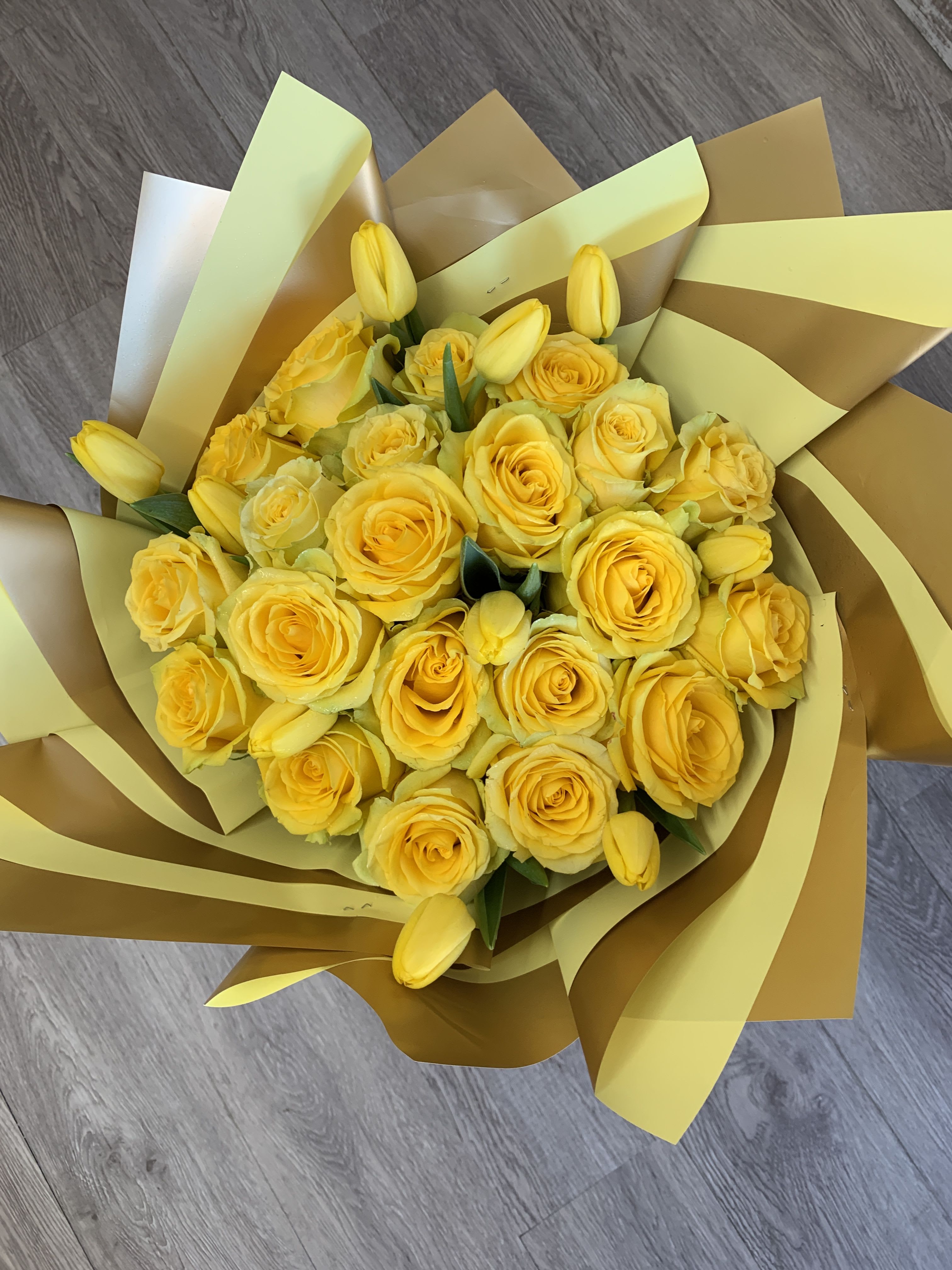 Sunny Day for My Love  - 20 yellow roses and 10 yellow tulips as a ramo buchon wrapped with yellow Korean paper. 