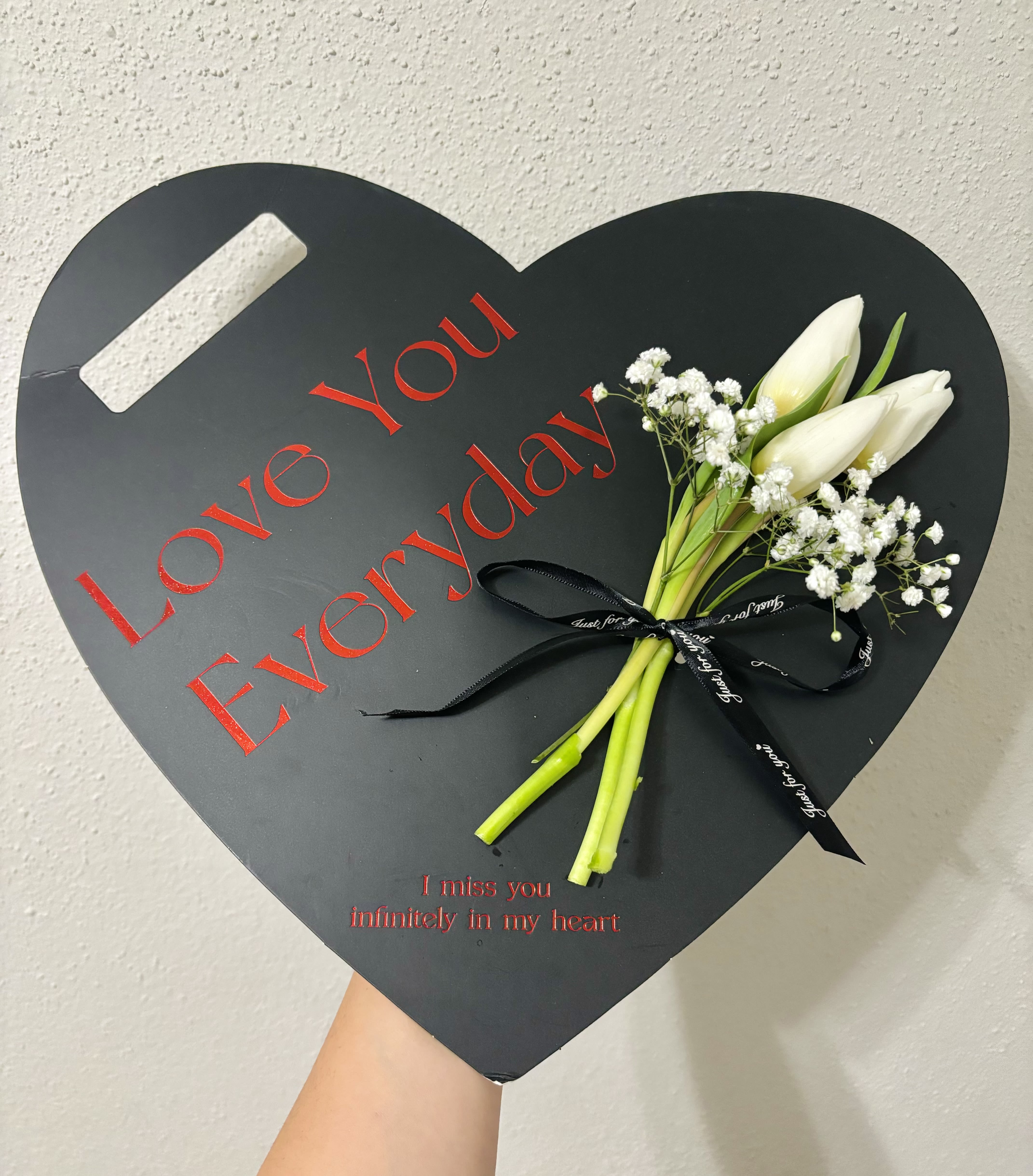 Love Tulips Black - Beautiful arrangement comes with 3 tulips and some fillers. Tulips colors is designer’s choice, best color to match will be chosen