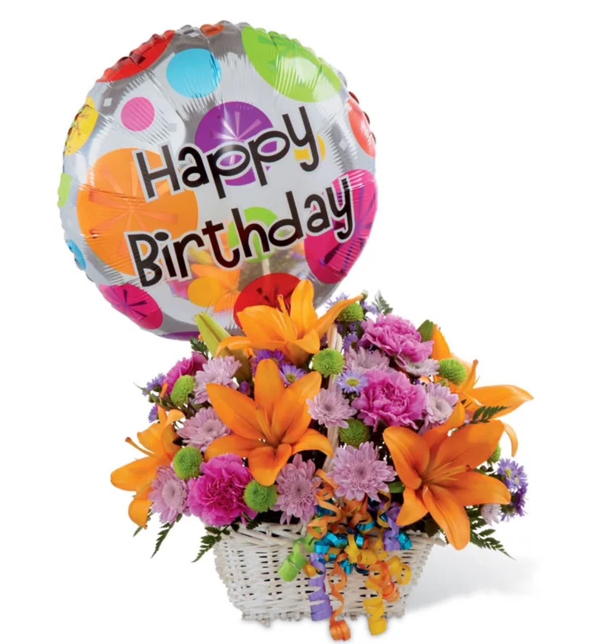 BASKET HAPPY HAPPY BIRTHDAY - A vibrant and cheerful flower basket, perfect for celebrating birthdays. Featuring a beautiful arrangement of fresh flowers in bright colors like pink, purple, yellow, and orange, this basket is the ideal gift to convey warm wishes and happiness on such a special day.”