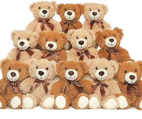 8" Plush Bears - Valentines Day - Classic and cute 8-inch sitting light brown teddy bear, fluffy soft fur, hand-stitched nose and matching bow. This small teddy bears are made of very soft and hug-able material, making you feel comfortable and relaxed. Available in Light Brown or Dark Brown