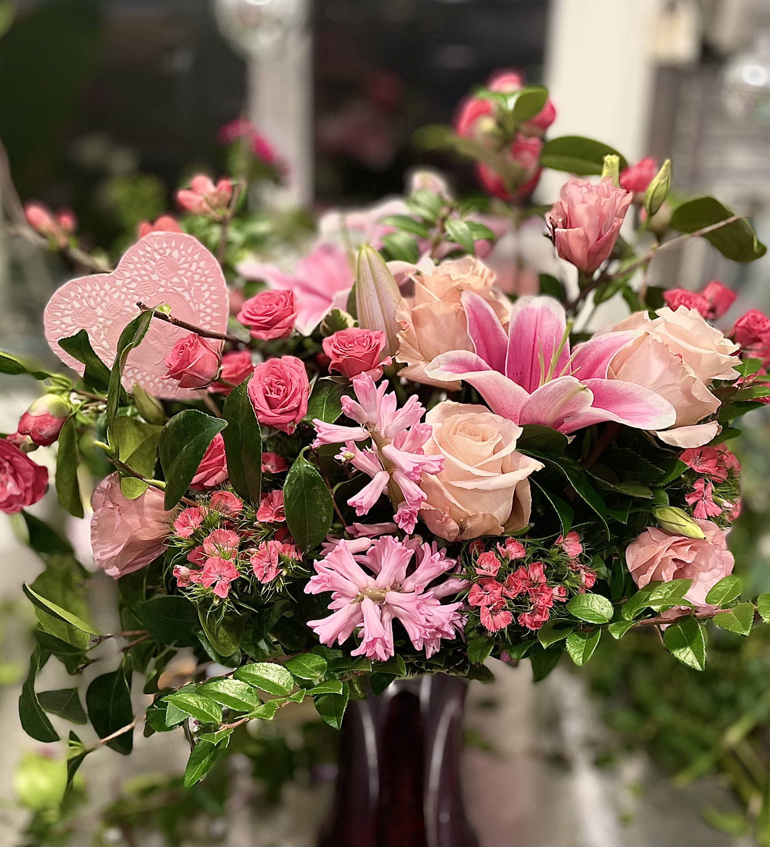 Designer' Choice Valentine's Grand Bouquet - A Grand Bouquet in a Vase featuring Classic Valentine's Colors, Roses, Spring Blossoms, and Unique Blooms.