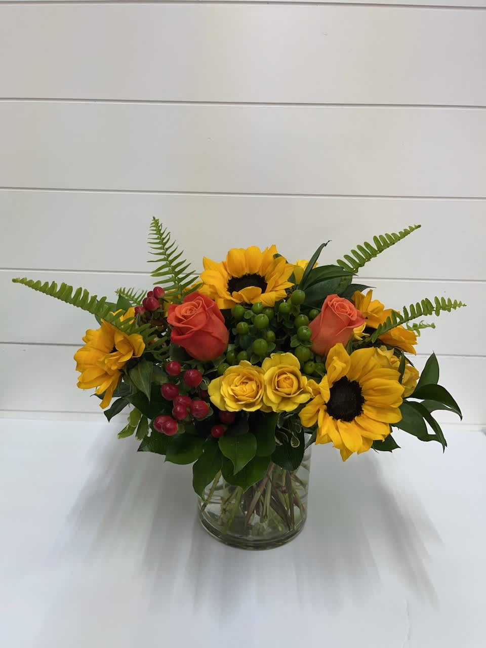 Jus Vibin' - Sunflowers, Roses, Spray Roses, Berries, Fern, Mixed Greenery