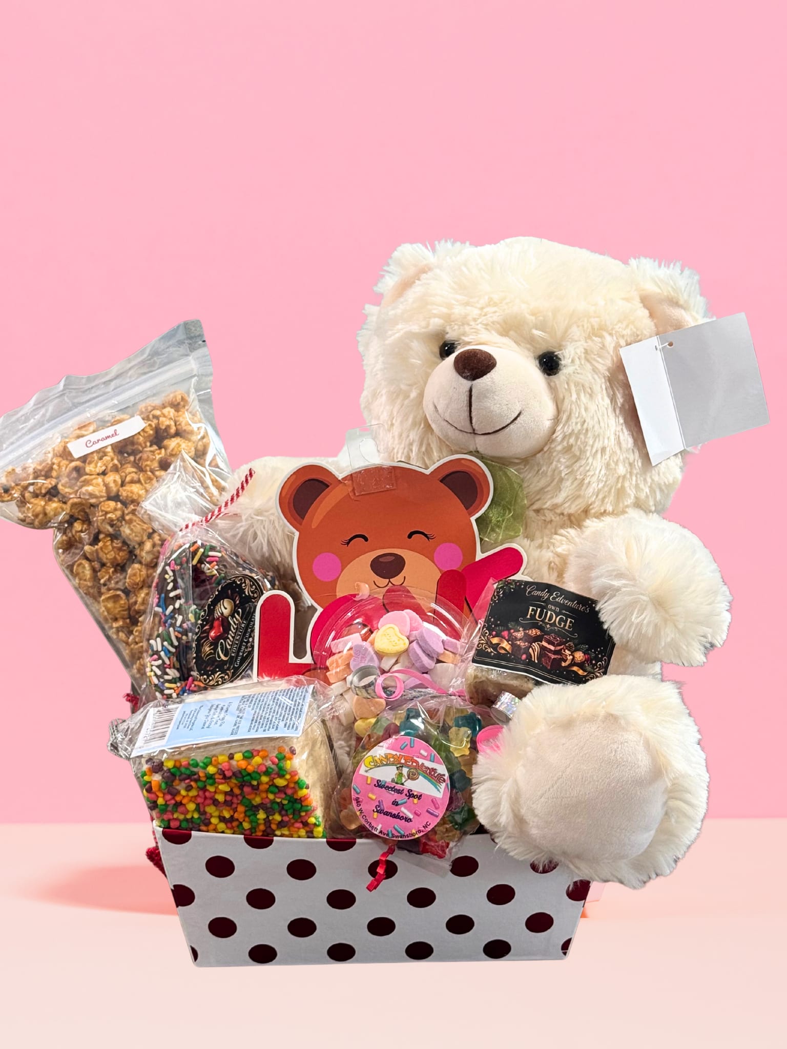 Little Lovebug Valentine Basket  - A charming Valentine’s Day gift filled with sweet treats and an adorable plush teddy bear. Perfect for sharing love, smiles, and a little indulgence with someone special.