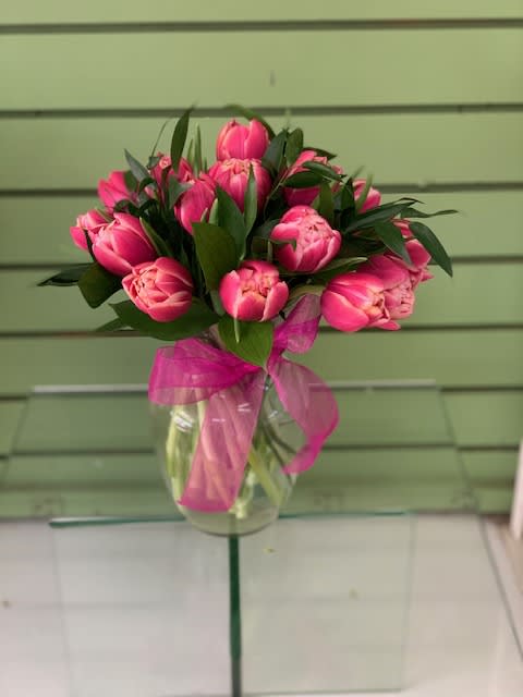 Tulip Love - 10 double tulips in a vase with coordinating ribbon.