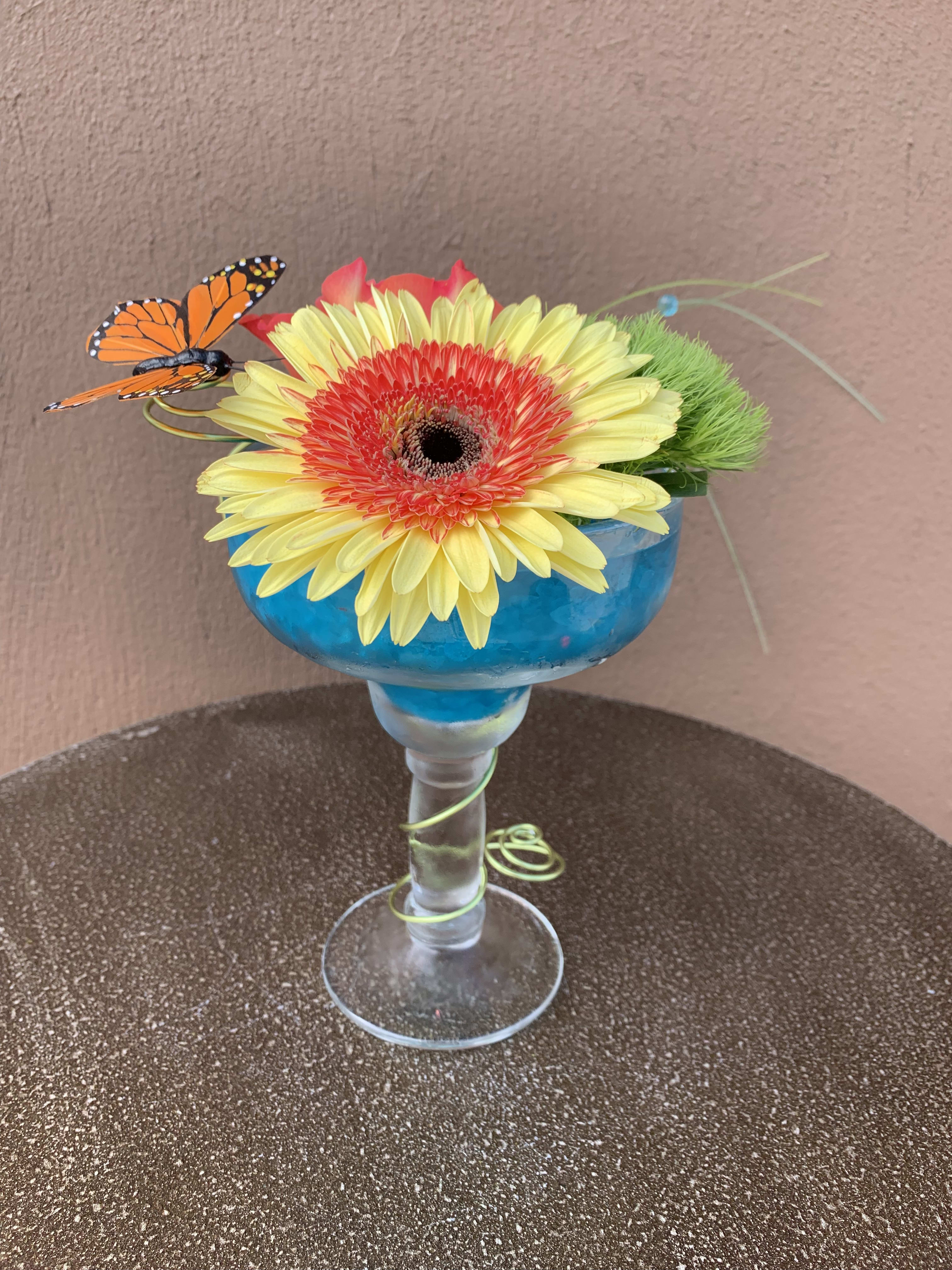 Cheers to you! - Bright fun flowers in a Margarita glass. 
