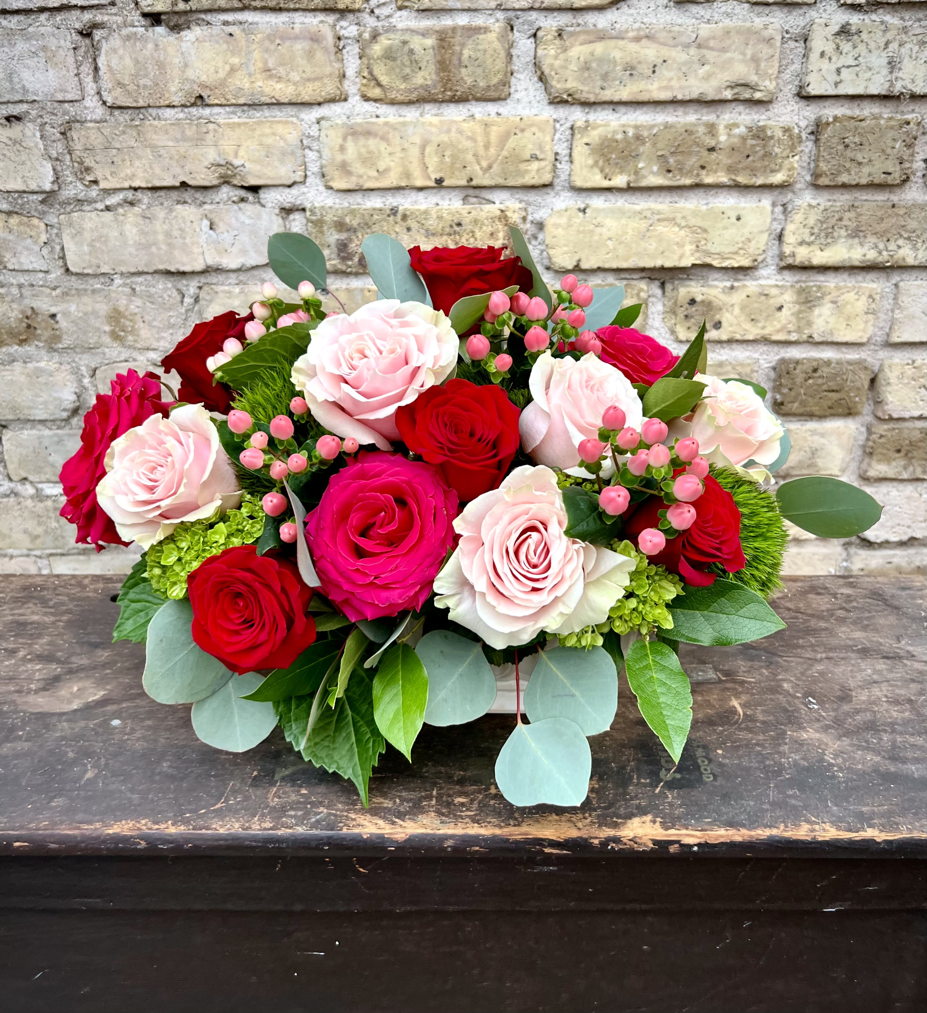 Rose Garden - Beautiful Selection of Roses, Hypericum and Green Hydrangea Designed in a Ceramic Container Make This a Lovely Gift. Some products may be substituted depending on availability.