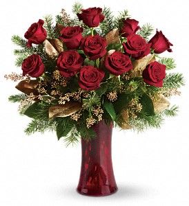 Golden Roses  - Enjoy 12 Red Roses with Mixed Greens. Gold Accents Added for that Special Touch.  Arranged In Red Vase. 