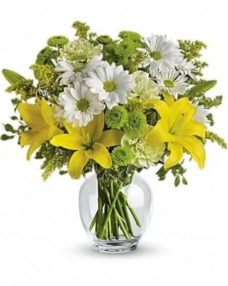 Brightly Blooming - Let the sunshine in with this bevy of bright blooms - yellow lilies, green carnations and other sunny favorites beautifully arranged in a classic ginger jar. Perfect for birthday, get well, thank you - or just to say "Hi!" They'll love it. This impressive bouquet includes yellow asiatic lilies, green carnations, white daisy spray chrysanthemums and green button spray chrysanthemums accented with assorted greenery. Delivered in a glass ginger jar. 