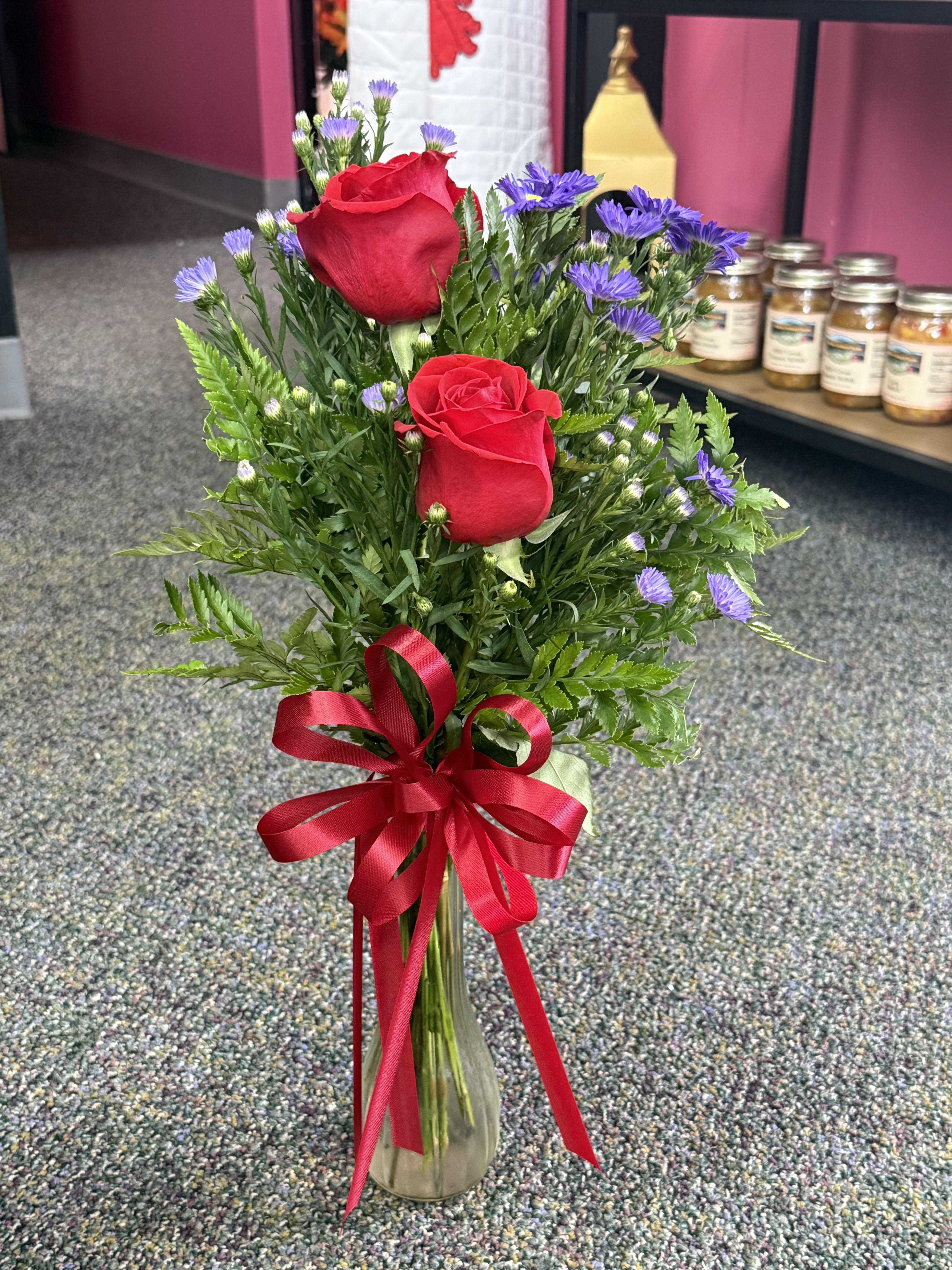 Valentine's Double Bud Vase - Two fresh Valentine blooms arranged side by side in a clear glass bud vase. A perfect mix of simple and special—ideal for desks, nightstands, or a thoughtful Valentine surprise.