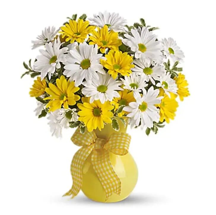 Upsy Daisy - What could be sweeter than a cheerful yellow vase filled with white and yellow daisies? Can't think of anything? Then choose this sunny bouquet. It will brighten their day. The bright bouquet includes white daisy spray chrysanthemums, yellow daisy spray chrysanthemums and bupleurum accented with fresh greenery.Delivered in a bright yellow vase.   Orientation : One-Sided  All prices in USD ($)  Standard  TEV13-4A  Deluxe  TEV13-4B  Premium  TEV13-4C