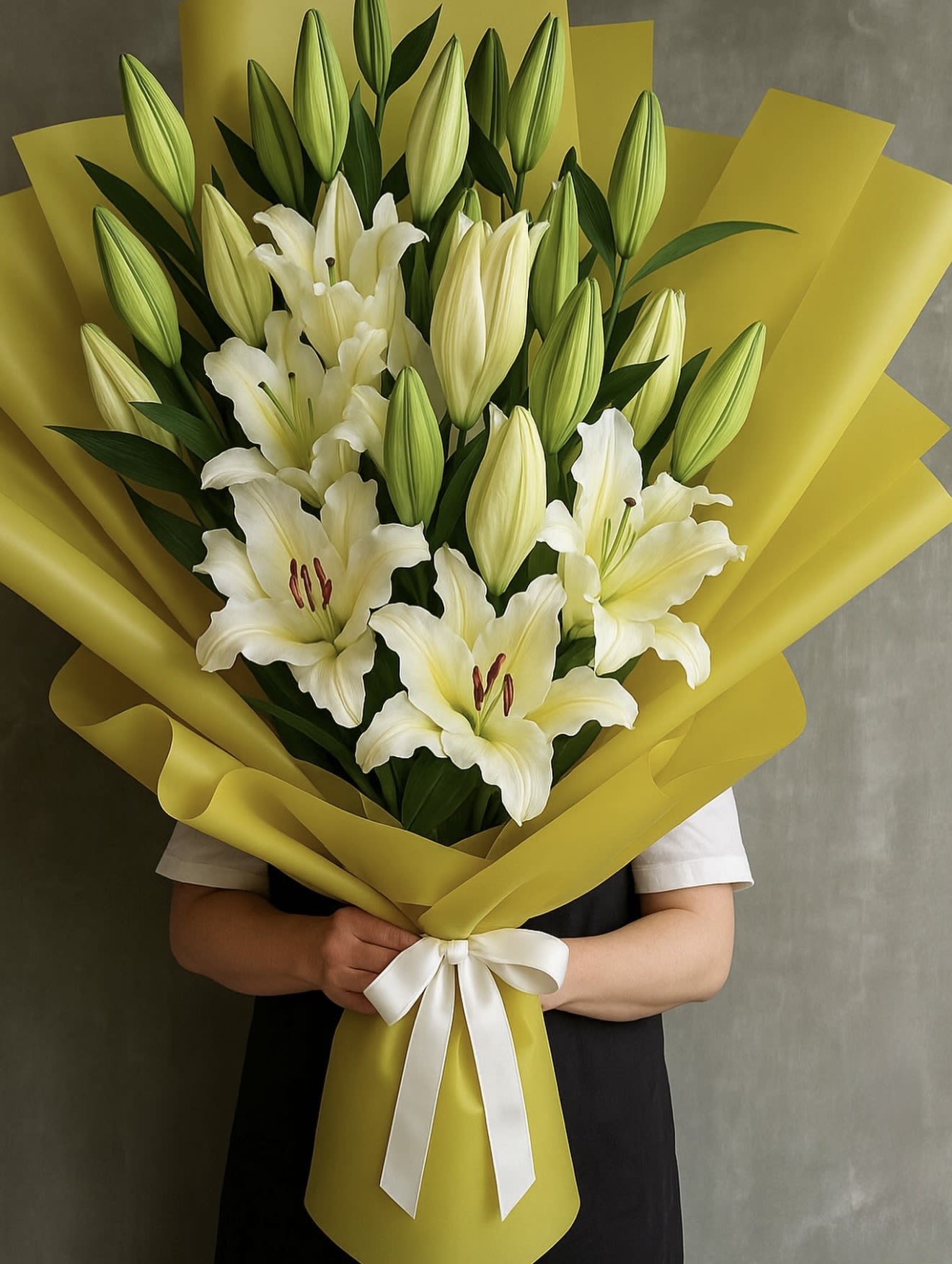 Bouquet of lilies - A bouquet of white lilies embodies elegance and purity, featuring large, trumpet-shaped blossoms with creamy petals that radiate a delicate sheen. Their pristine white color symbolizes innocence and renewal, making them perfect for weddings, anniversaries, or memorials. The sweet, subtle fragrance fills the air with serenity, while the lush green foliage complements the flowers beautifully. This versatile bouquet can serve as a striking centerpiece on its own or be combined with other blooms for a more diverse arrangement, adding a touch of grace and sophistication to any setting.