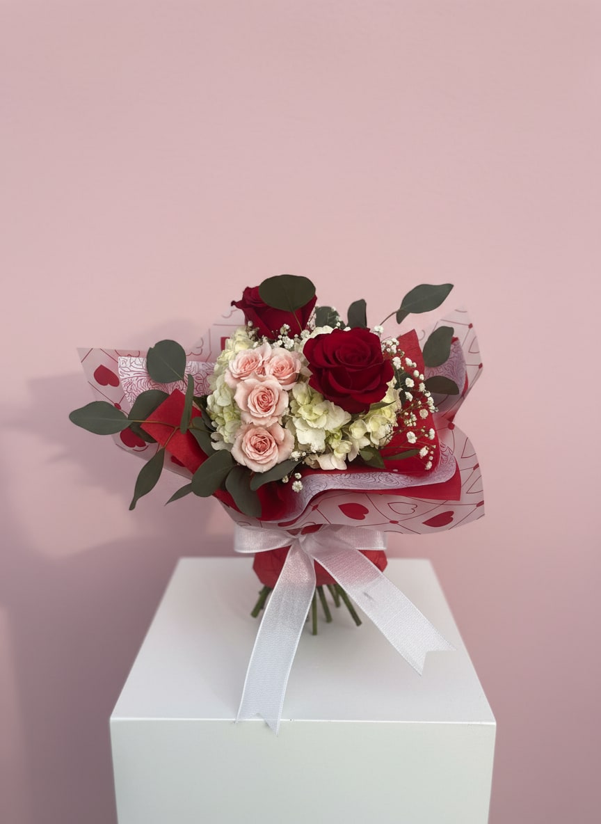 Cupid's Choice Wrapped Bouquet - A romantic hand-wrapped Valentine bouquet designed with a seasonal mix of roses, soft accent blooms, and fresh greenery. Each bouquet is thoughtfully arranged and wrapped in festive Valentine paper, finished with ribbon and ready to gift. Available in three sizes to suit every love story.