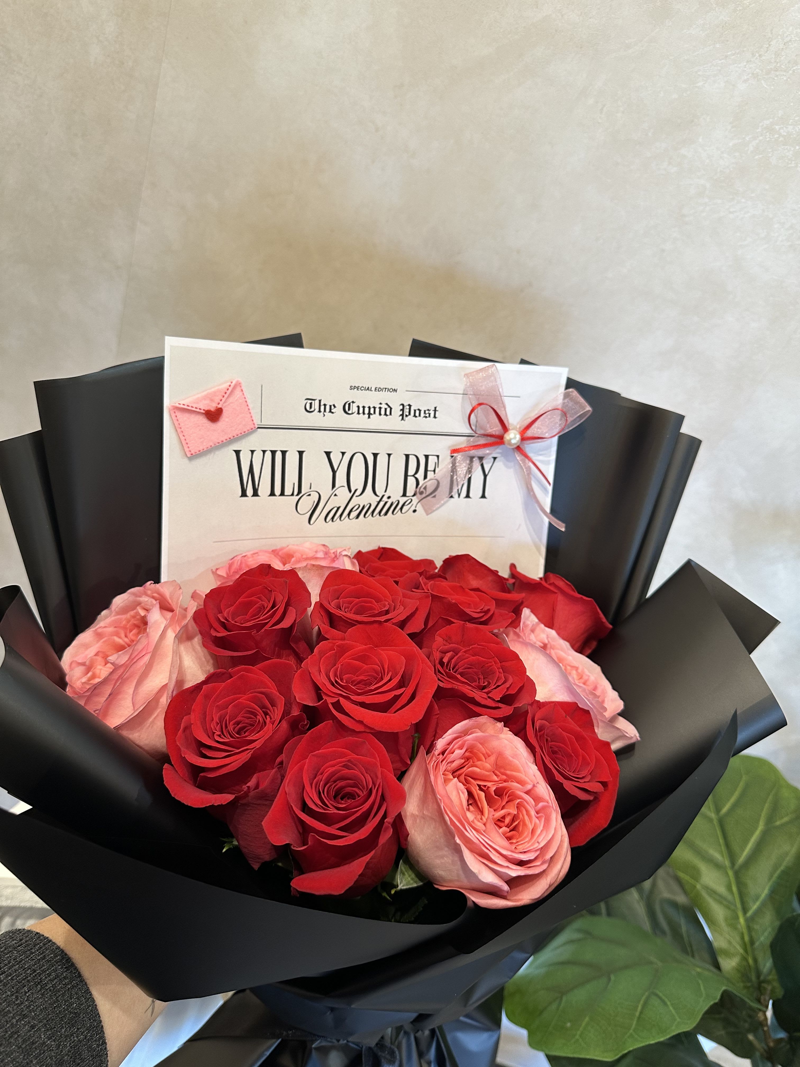 Will you be my Valentine ?  - beautiful wrapped bouquet with roses. Half dozen roses 48.95 Dozen roses 86.95 15 ct 104.95   You can choose your favorite color roses (red,white,pink) Please put in the description box all the instructions 