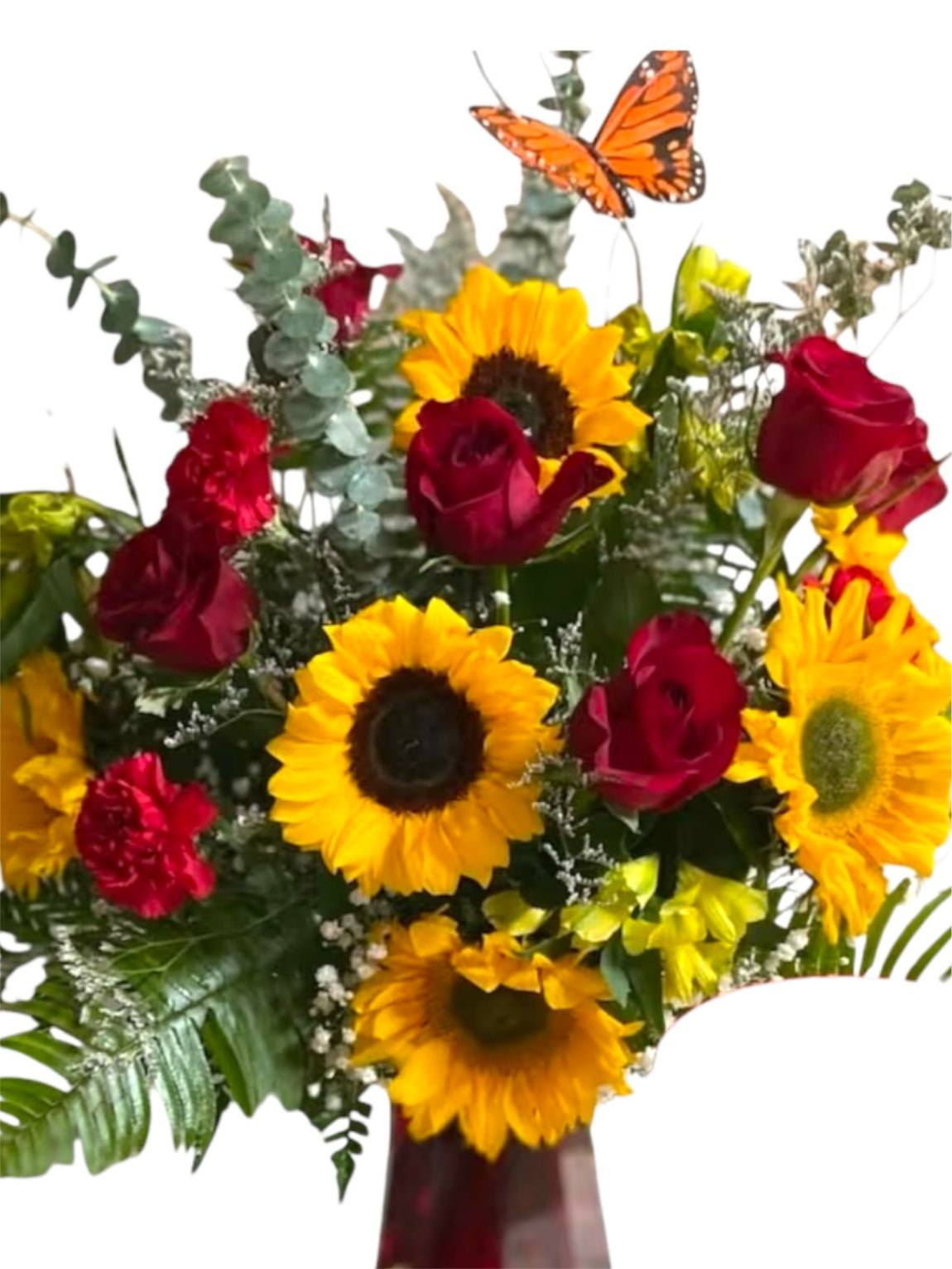 Sunshine Love - Red Roses and Sunflowers - Sunflowers , red roses , asters, eucalyptus, carnations, and a butterfly in a large CLEAR vase with red roses, alstroemeria, carnations, willow ferns,  fillers 