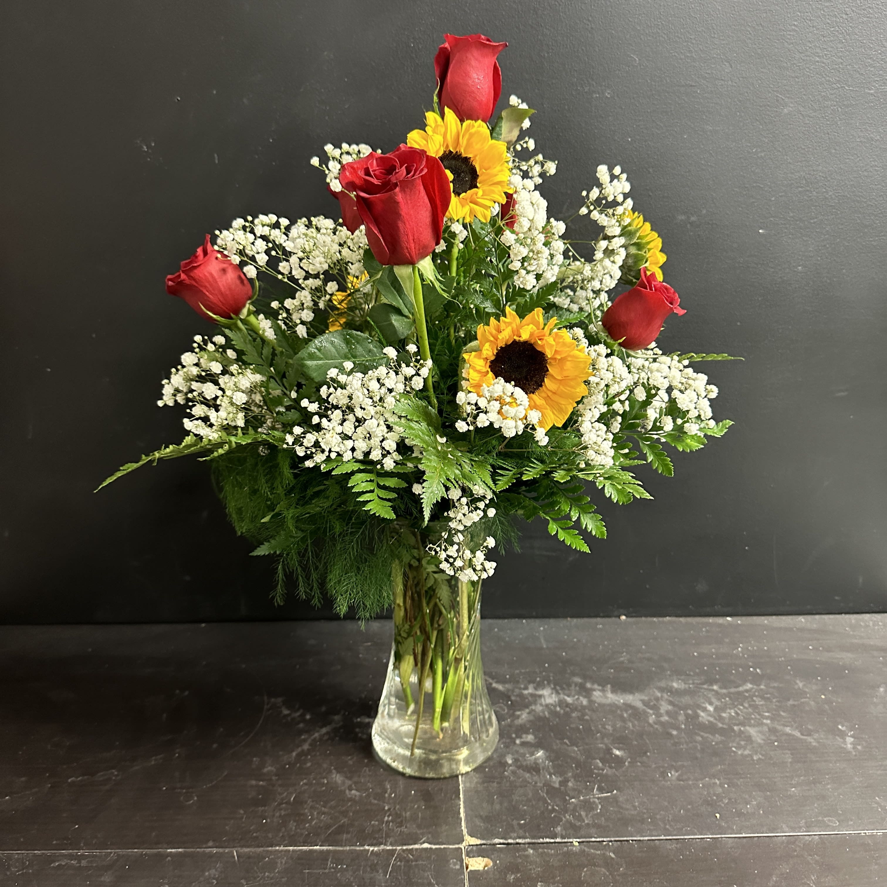 1/2 Dozen Red Roses with Sunflowers - One-Half Dozen Red Roses with Sunflowers, Vased with Filler Flowers and Greens