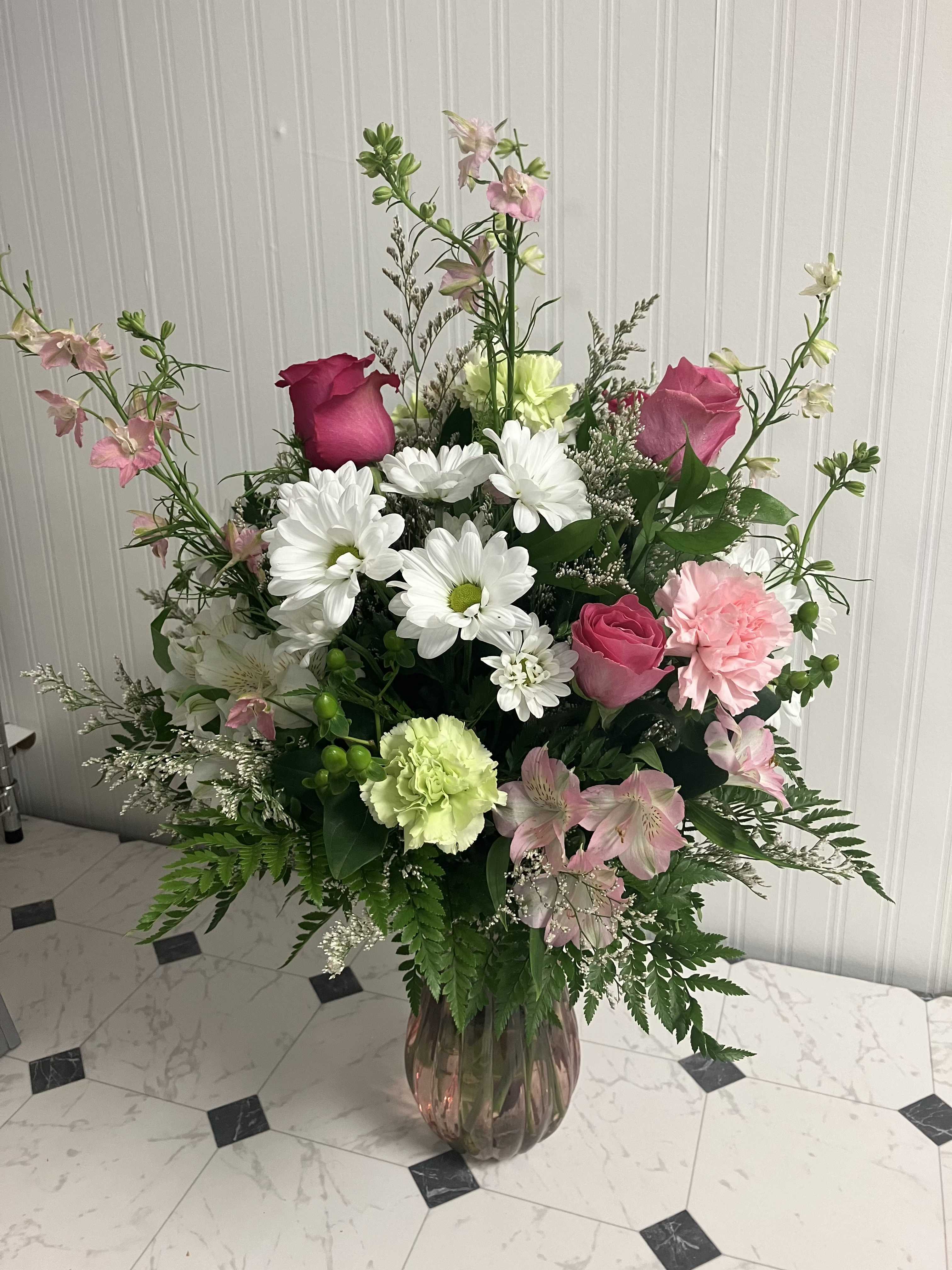 Watermelon Sugar - Sweet and refreshing like a summer anthem, this pastel-toned bouquet blends pink, white, and soft green flowers for a juicy burst of joy.  Vase color may vary, but the flavor of the season stays fresh!