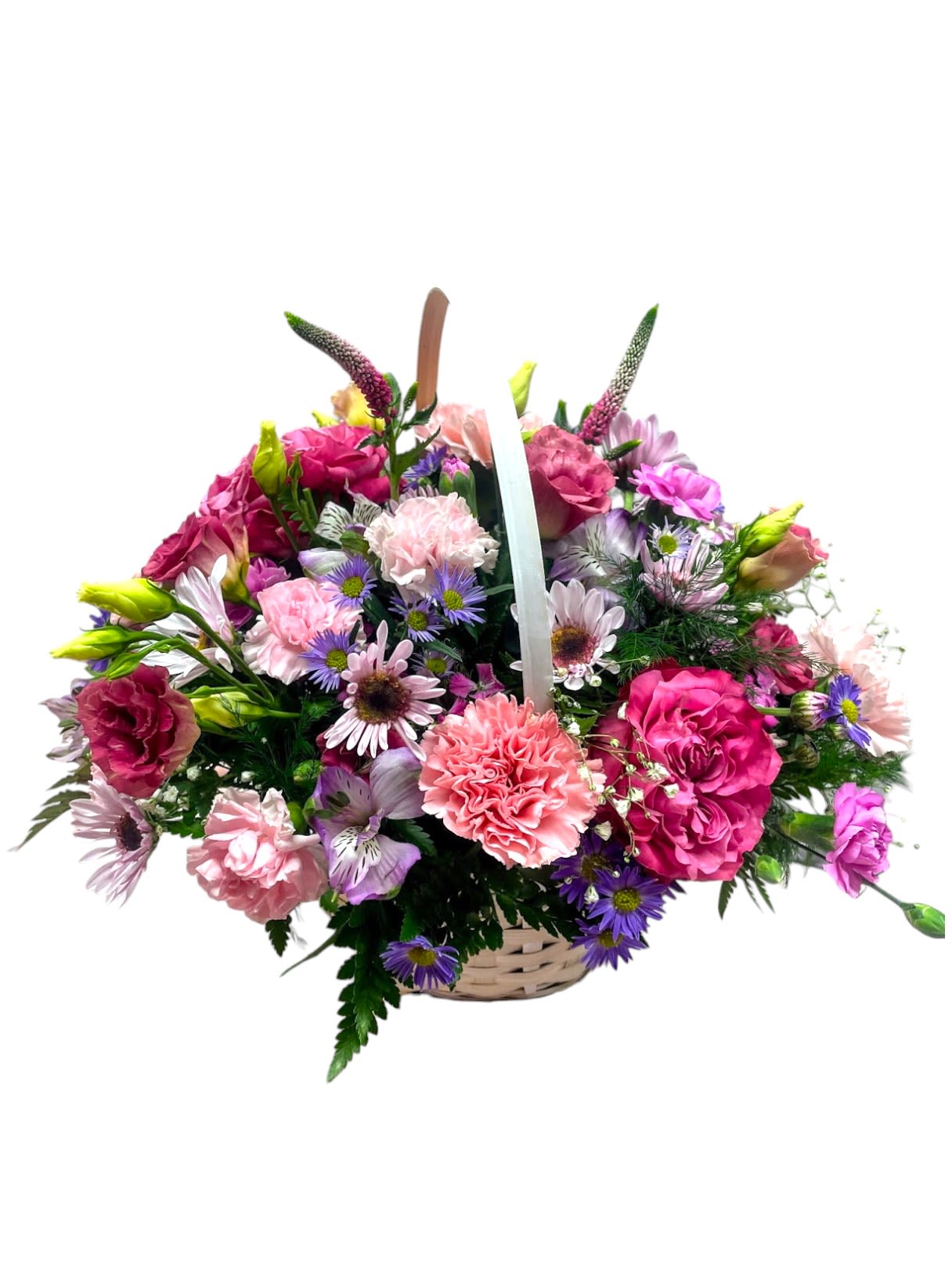 Classic Pastel Garden Basket - Fresh mixed pastel flowers arranged inside a very sweet basket with assorted greenery.