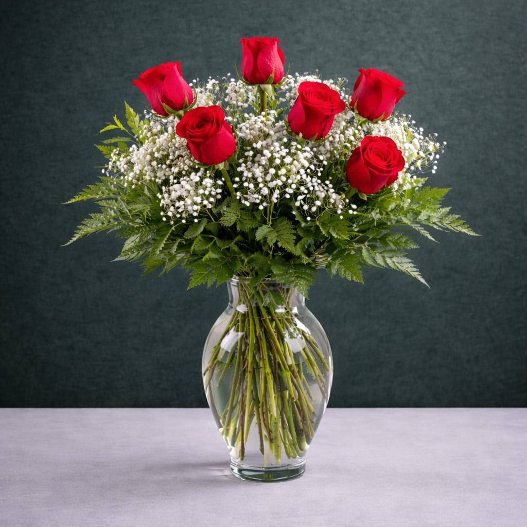 Half Dozen Red Roses With Filler - Half Dozen Red Roses with Filler Classic, romantic, and beautifully timeless. Our Half Dozen Red Roses with Filler features six premium red roses arranged with soft, complementary filler and fresh greenery for a full, elegant look. Designed in a clear glass vase, this arrangement highlights the rich red tones of the roses while the delicate filler adds texture and balance. Perfect for anniversaries, romantic gestures, birthdays, or simply letting someone know you’re thinking of them, this arrangement delivers a meaningful statement without being overdone. Each design is thoughtfully crafted to feel polished, graceful, and effortlessly beautiful. Flower varieties and filler may vary slightly based on seasonal availability, but the overall look and quality will remain consistent.