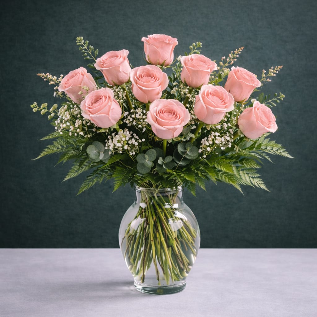One Dozen Pink Roses - One Dozen Pink Roses Soft, romantic, and effortlessly elegant, our One Dozen Pink Roses arrangement is a timeless expression of grace and affection. Featuring twelve premium pink roses, artfully arranged with fresh greenery and delicate filler in a clear glass vase, this bouquet is designed to feel classic yet elevated. Pink roses symbolize admiration, gratitude, and gentle love—making this arrangement perfect for birthdays, anniversaries, celebrations, or simply letting someone know they’re cherished. Styled with a refined, garden-inspired touch, each bouquet is thoughtfully designed to feel lush, balanced, and beautiful from every angle. Details: 12 premium pink roses Accented with fresh seasonal greenery and soft filler Designed in a clear glass vase Handcrafted by our designers for a timeless, elegant look Flower varieties and shades may vary slightly due to seasonal availability, ensuring each arrangement is uniquely beautiful.