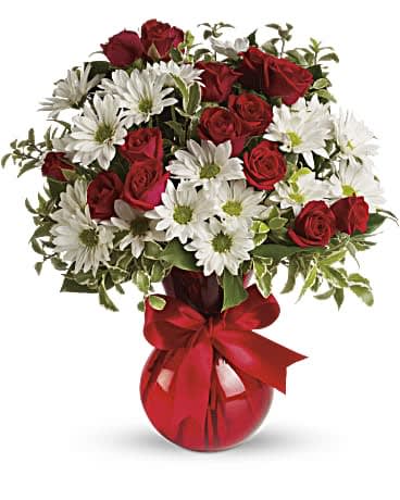 Red, White And You Bouquet by Teleflora - Fly your colors! A festive red ribbon wraps up this sweet bouquet of red roses and white daisies. This loving gift is presented in our shapely red vase your special someone will adore all year long. Includes red spray roses, white daisy chrysanthemums, delicate pitta negra and glossy lemon leaves. Delivered in Teleflora's Serendipity vase. Orientation: All-Around