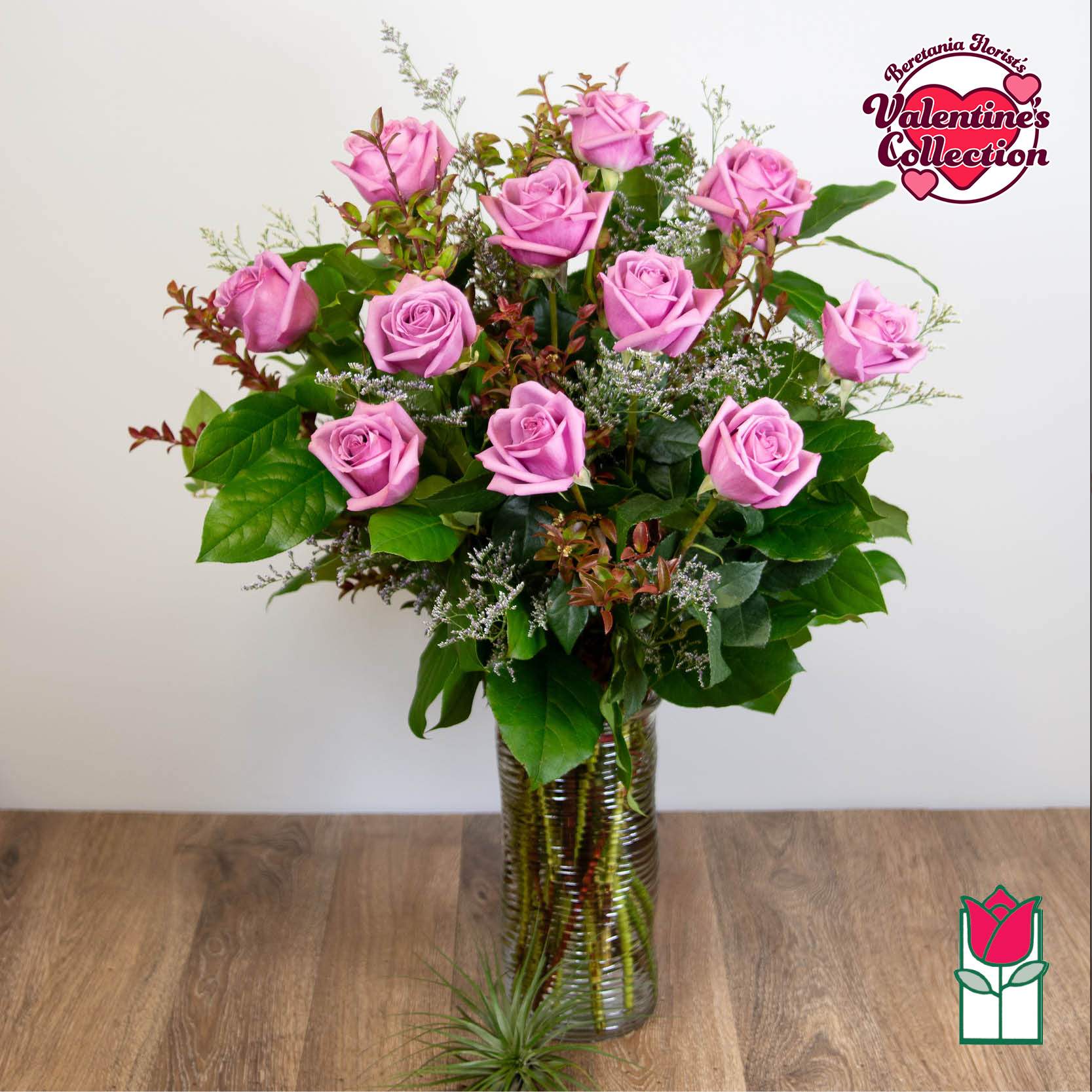 [Valentine's] Beretania's Premium Lavender Rose Masterpiece (30% Larger flower)[Early Bird Special] - 1 Dozen Premium Long Stem Lavender Roses  The Beretania Florist one dozen extra long stem premium Roses arranged in a glass vase with assorted foliage.  We feature premium 70cm Ecuadorian extra-fancy Roses, which is 30% larger than any other rose in the islands.  Nothing speaks of love so much as a bouquet of beautiful roses. Arranged with seeded eucalyptus in a classic glass vase, this bouquet is a gift to her heart from yours. Approx. 32h x 18w 