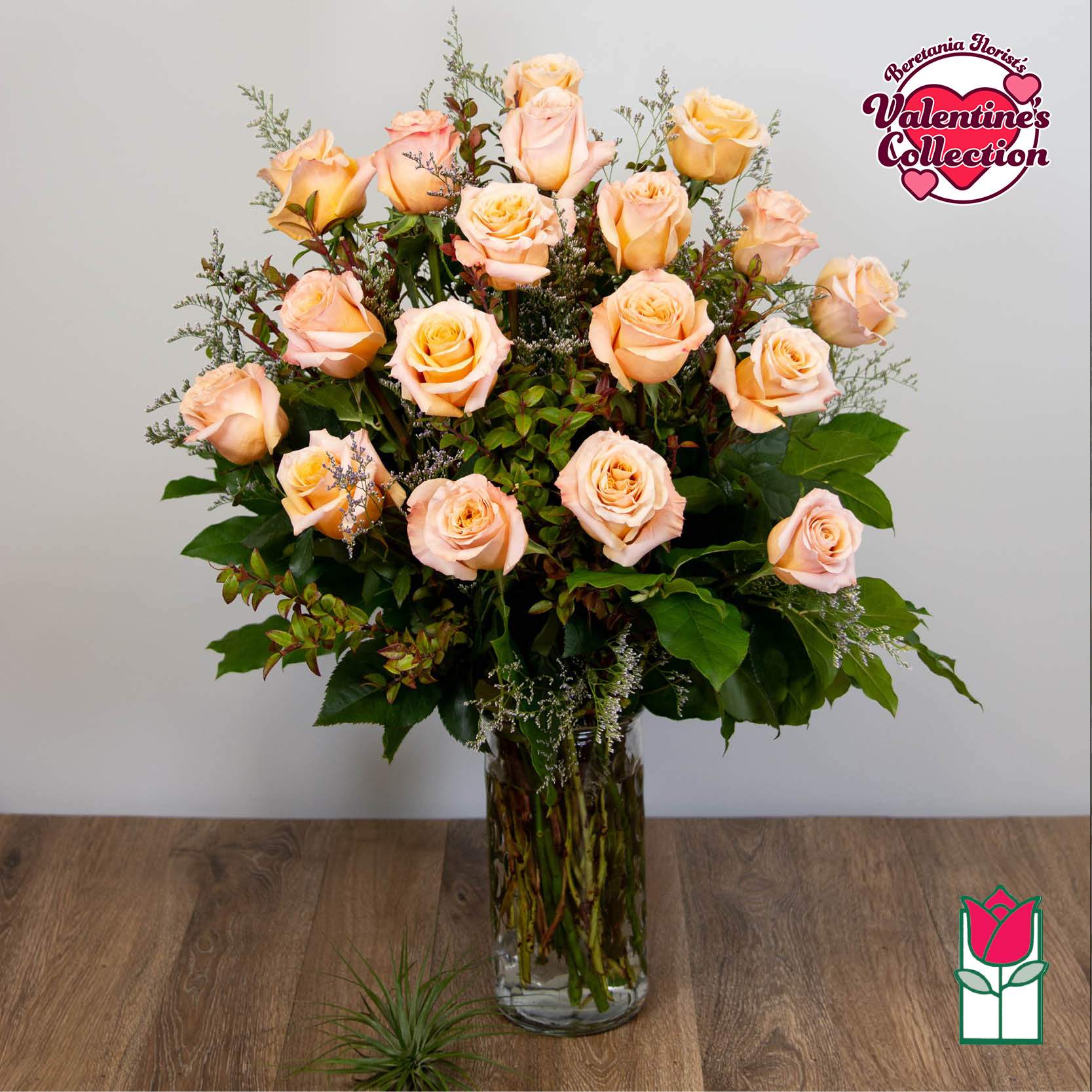 [Valentine's] Beretania's 1.5 Dozen Peach Rose Bouquet [Early Bird Special] - 1.5 Dozen Premium Long Stem Peach Roses  The Beretania Florist one and a half dozen extra long stem premium Roses arranged in a glass vase with assorted foliage.  We feature premium 70cm Ecuadorian extra-fancy Roses, which is 30% larger that any other rose in the islands.  Nothing speaks of love so much as a bouquet of beautiful white roses. Arranged with seeded eucalyptus in a classic glass vase, this bouquet is a gift to her heart from yours. Approx. 32h x 18w 