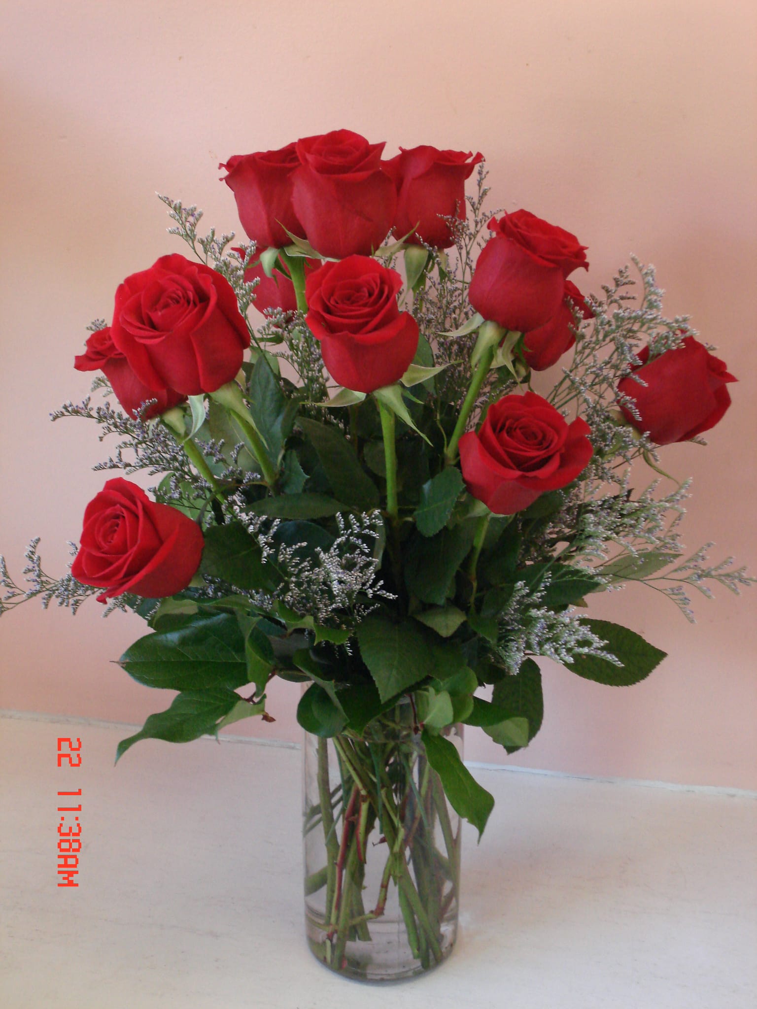 Dozen Long stem Red Roses - W633 - This classic, elegant rose arrangement will be delivered by Fillmore Florist San Francisco's delivery crew to the address of your choice in San Francisco California. 12 Long stem Red Roses arranged in cylinder clear glass vase with greens and Caspia. Dimension approximately : 15" H x 12" W Item number : W633