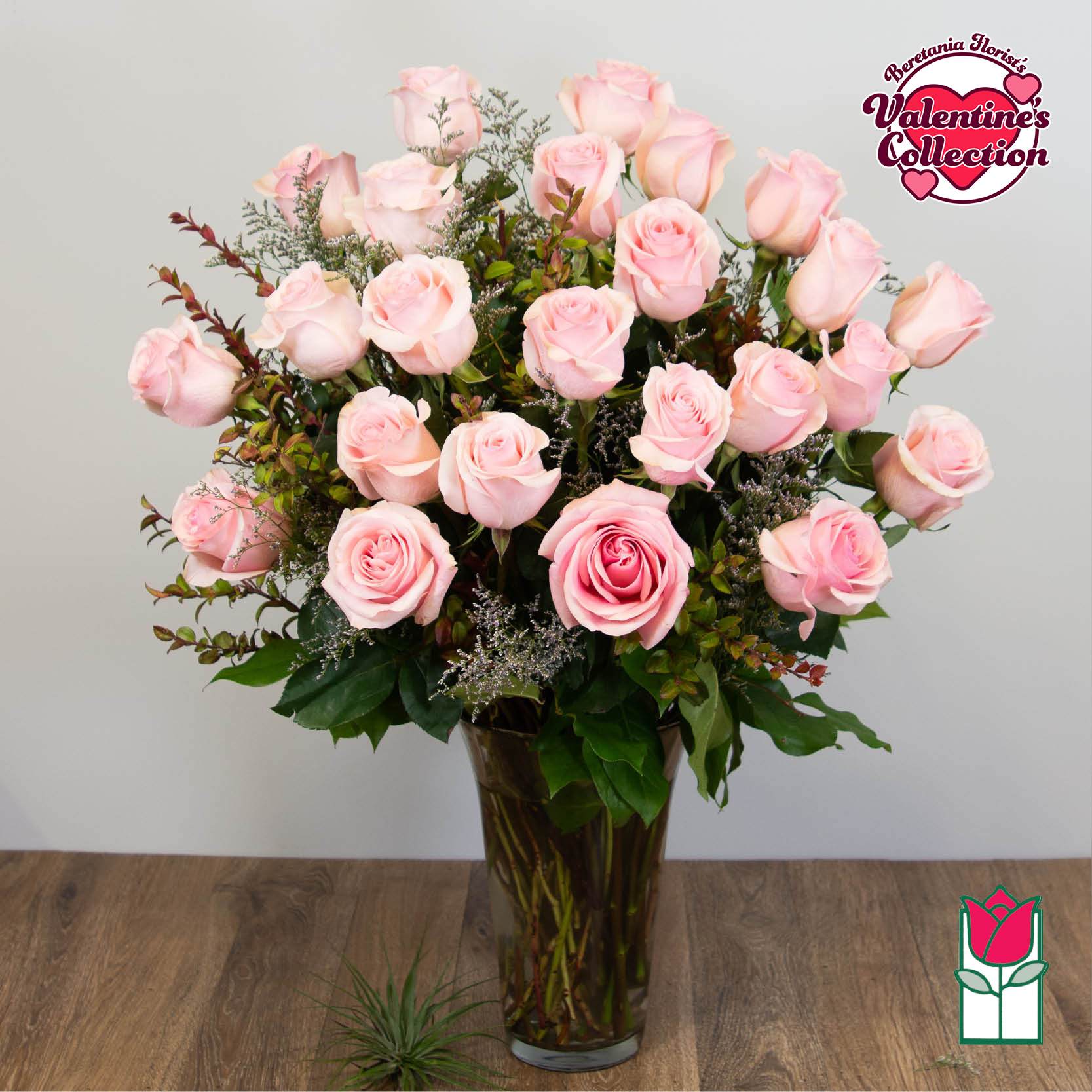 [Valentine's] Beretania's 2 Dozen Pink Rose Bouquet (Pink Hue May Vary) [Early Bird Special] - 2 Dozen Premium Long Stem Pink Roses  The Beretania Florist two dozen extra long stem premium Roses arranged in a glass vase with assorted foliage.  We feature premium 70cm Ecuadorian extra-fancy Roses, which is 30% larger that any other rose in the islands.  Nothing speaks of love so much as a bouquet of beautiful pink roses. Arranged with seeded eucalyptus in a classic glass vase, this bouquet is a gift to her heart from yours. Approx. 32h x 18w 