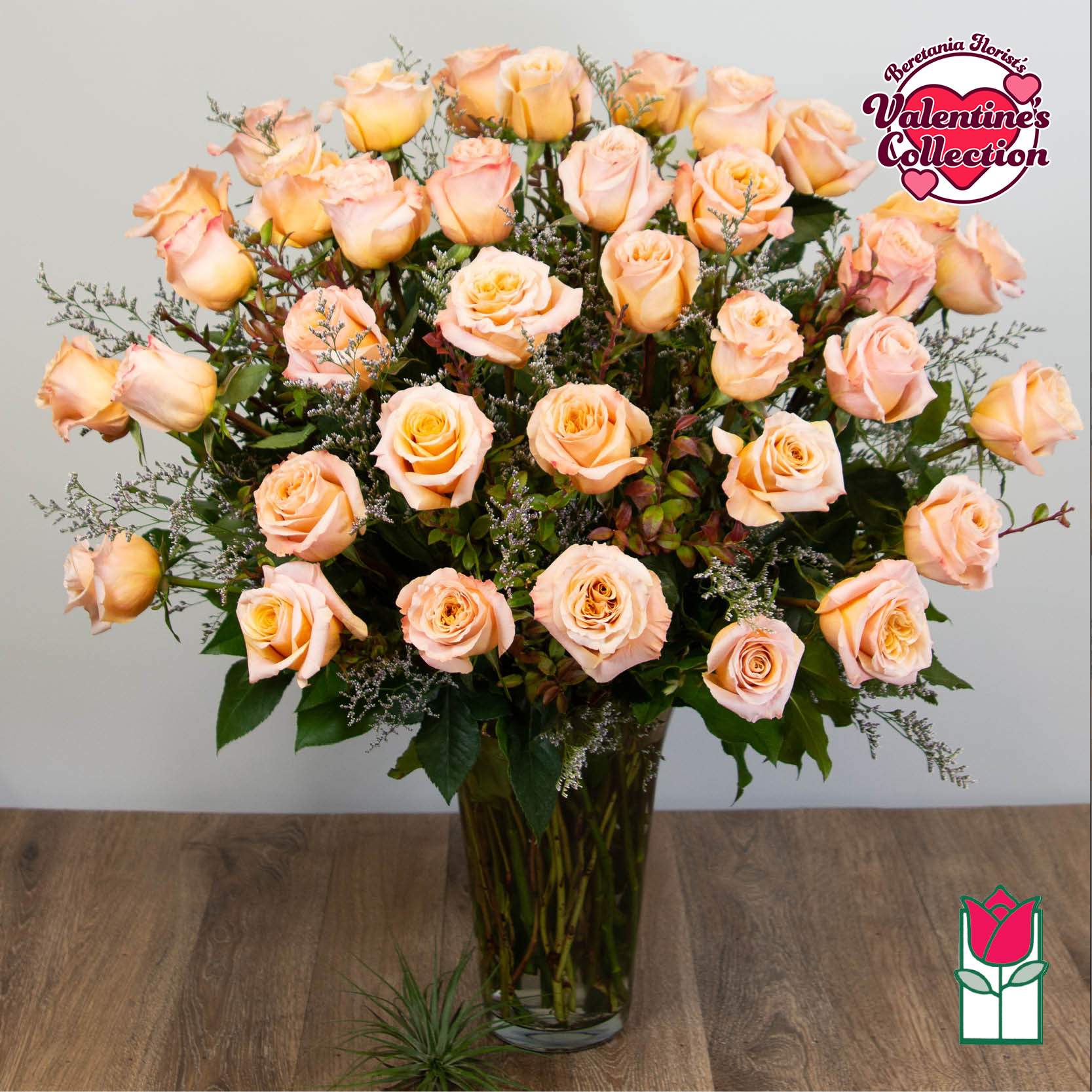 [Valentine's] Beretania's 3 Dozen Peach Rose Bouquet [Early Bird Special] - 3 Dozen Premium Long Stem Peach Roses  The Beretania Florist three dozen extra long stem premium Roses arranged in a glass vase with assorted foliage.  We feature premium 70cm Ecuadorian extra-fancy Roses, which is 30% larger that any other rose in the islands.  Nothing speaks of love so much as a bouquet of beautiful white roses. Arranged with seeded eucalyptus in a classic glass vase, this bouquet is a gift to her heart from yours. Approx. 32h x 24w 