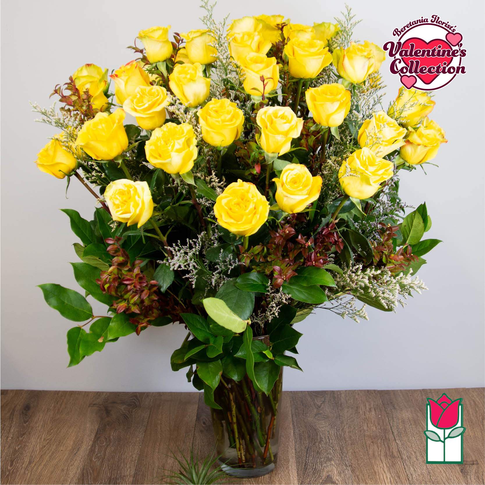 [Valentine's] Beretania's 3 Dozen Yellow Rose Bouquet [Early Bird Special] - 3 Dozen Premium Long Stem Yellow Roses  The Beretania Florist three dozen extra long stem premium Roses arranged in a glass vase with assorted foliage.  We feature premium 70cm Ecuadorian extra-fancy Roses, which is 30% larger that any other rose in the islands.  Nothing speaks of love so much as a bouquet of beautiful yellow roses. Arranged with seeded eucalyptus in a classic glass vase, this bouquet is a gift to her heart from yours. Approx. 32h x 24w 
