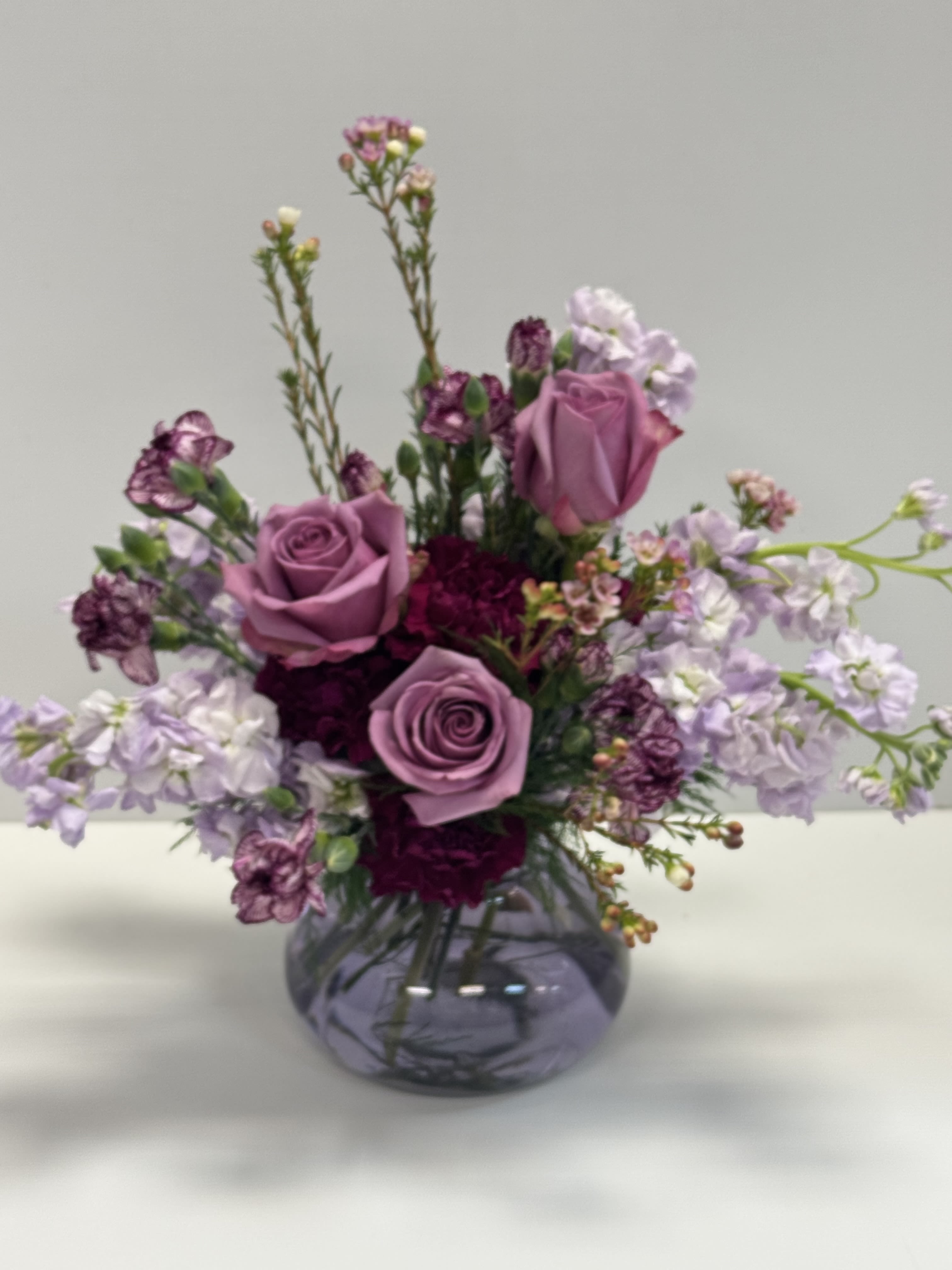 Will you Be Mine ?  - Seasonal mixture of florals in soft lavenders and purples . 